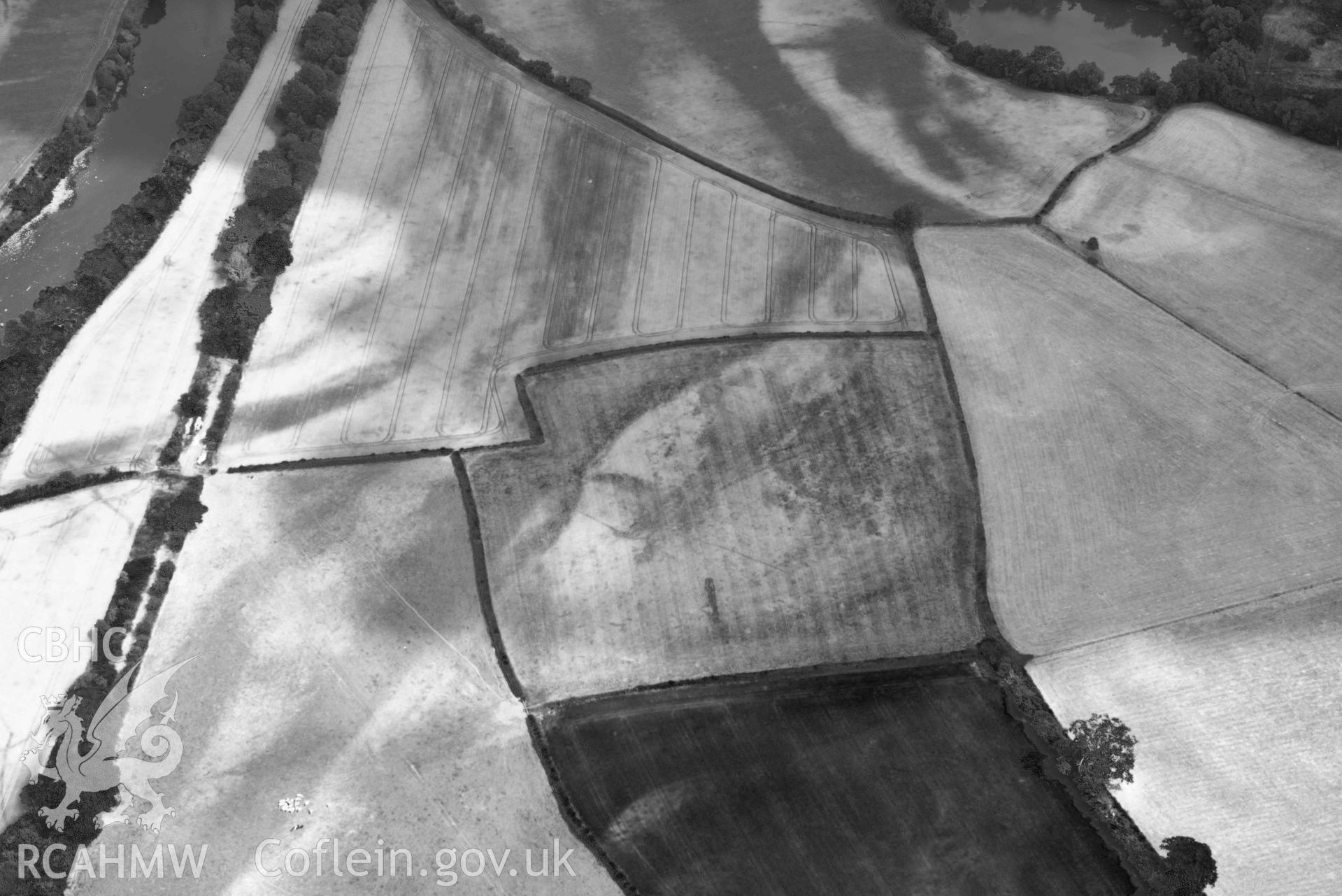 RCAHMW black and white oblique aerial photograph of Early fields at Llyswen taken on 9 July 2018 by Toby Driver