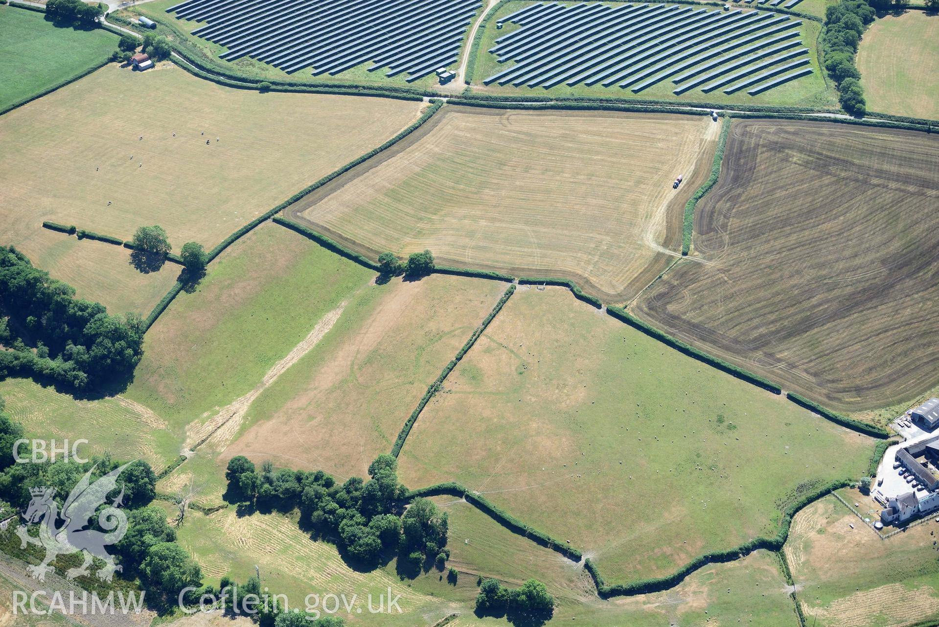 RCAHMW black and white oblique aerial photograph of Blaen Lliwe cropmark taken on 9 July 2018 by Toby Driver