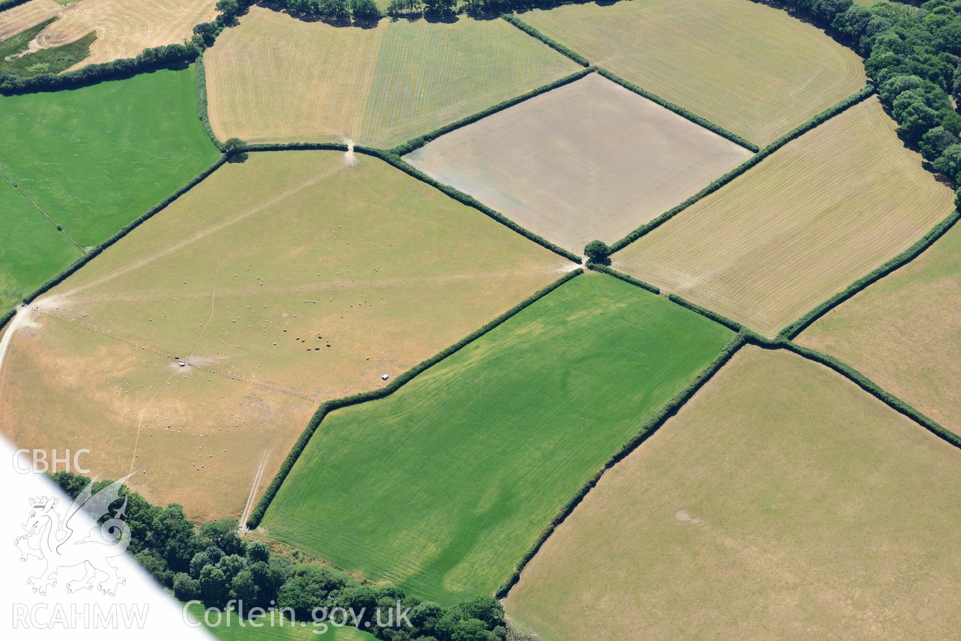 RCAHMW colour oblique aerial photograph of Llangan ring ditch or hengiform taken on 9 July 2018 by Toby Driver