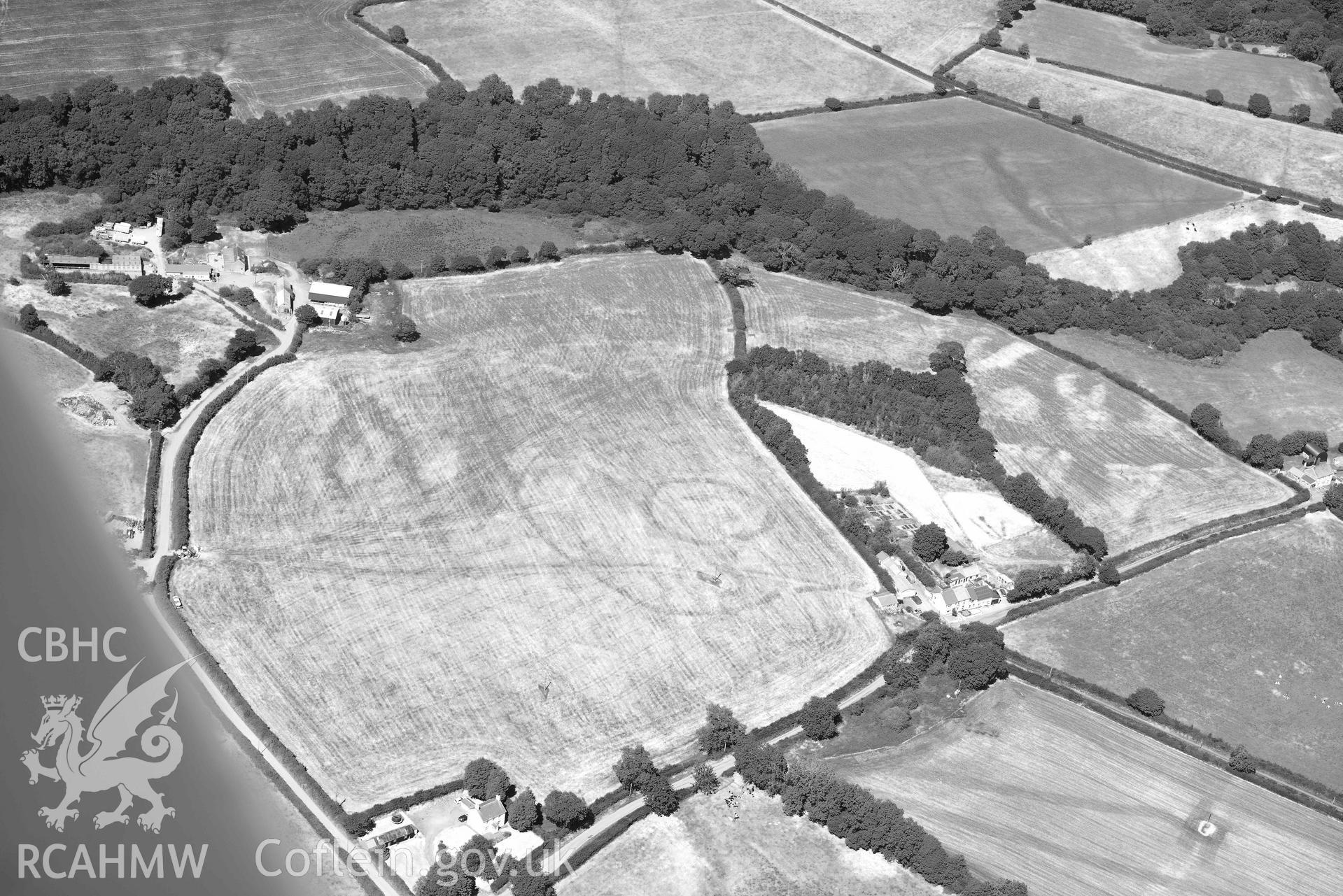 RCAHMW black and white oblique aerial photograph of Plas y Parc cropmark enclosure taken on 9 July 2018 by Toby Driver