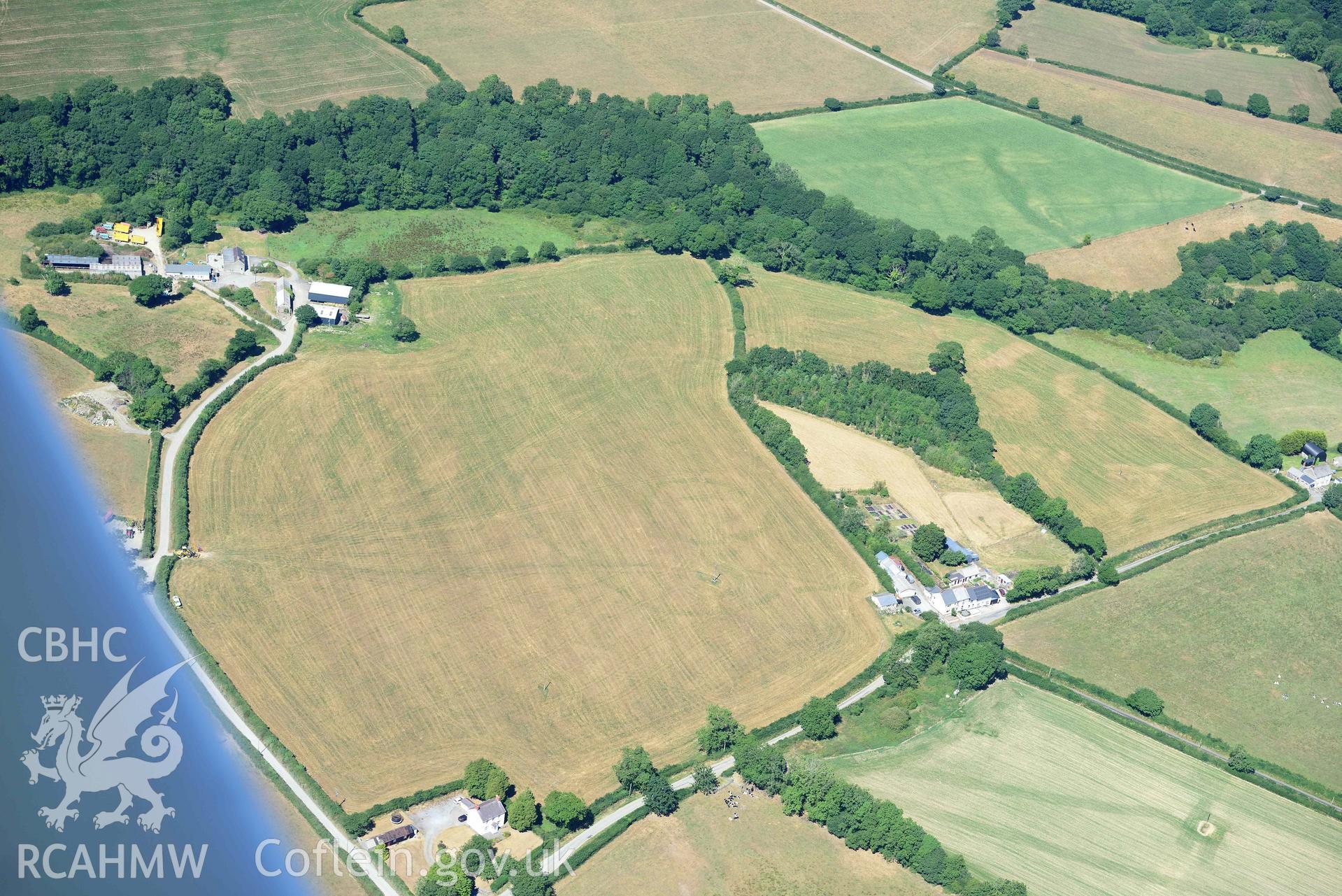 RCAHMW colour oblique aerial photograph of Plas y Parc cropmark enclosure taken on 9 July 2018 by Toby Driver