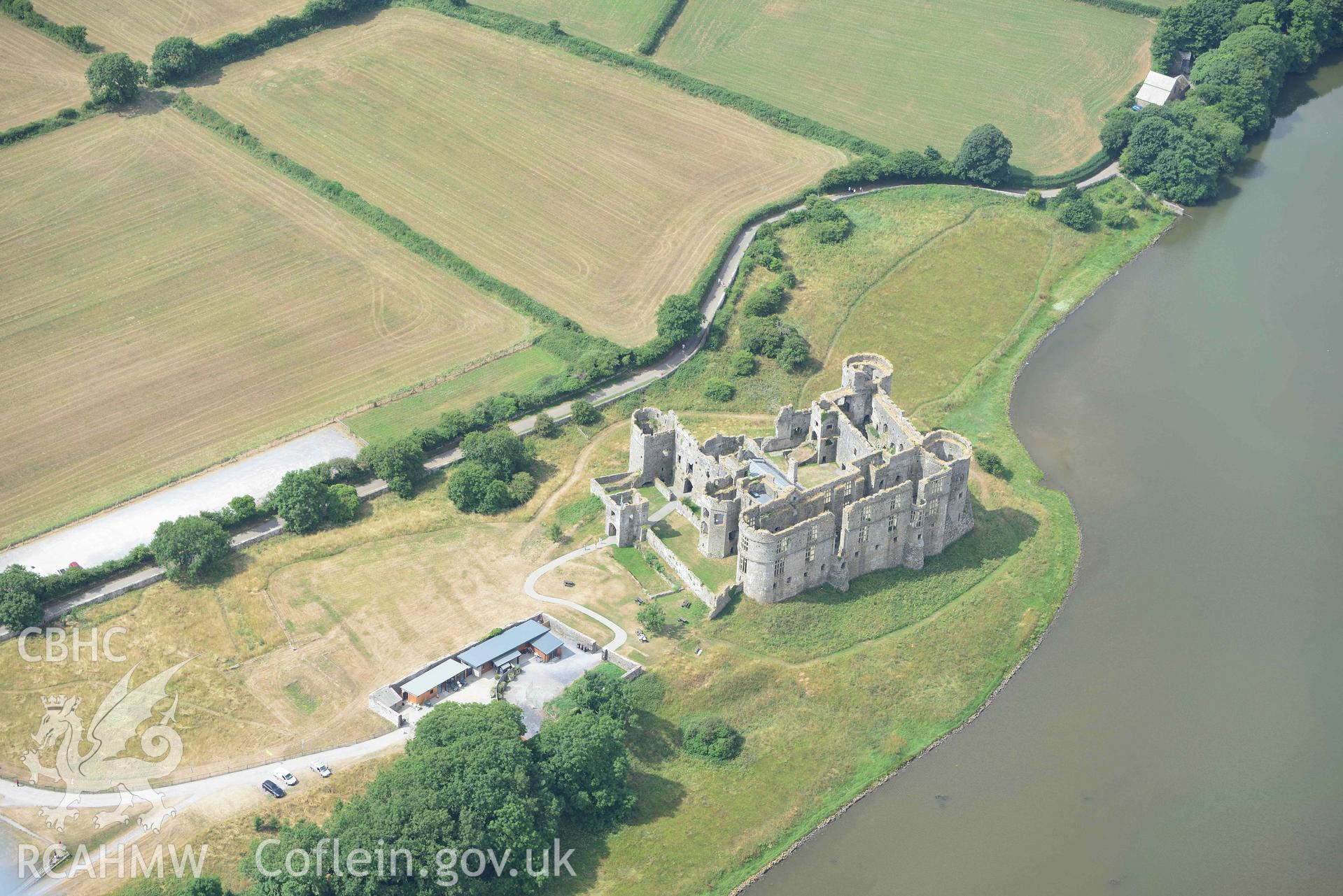 Aerial photography of  Carew Castle Aerial reconnaissance survey for the CHERISH Project. Crown Copyright: CHERISH PROJECT 2018. Produced with EU funds through the Ireland Wales Co-operation Programme 2014-2020. All material made freely available through the Open Government Licence.