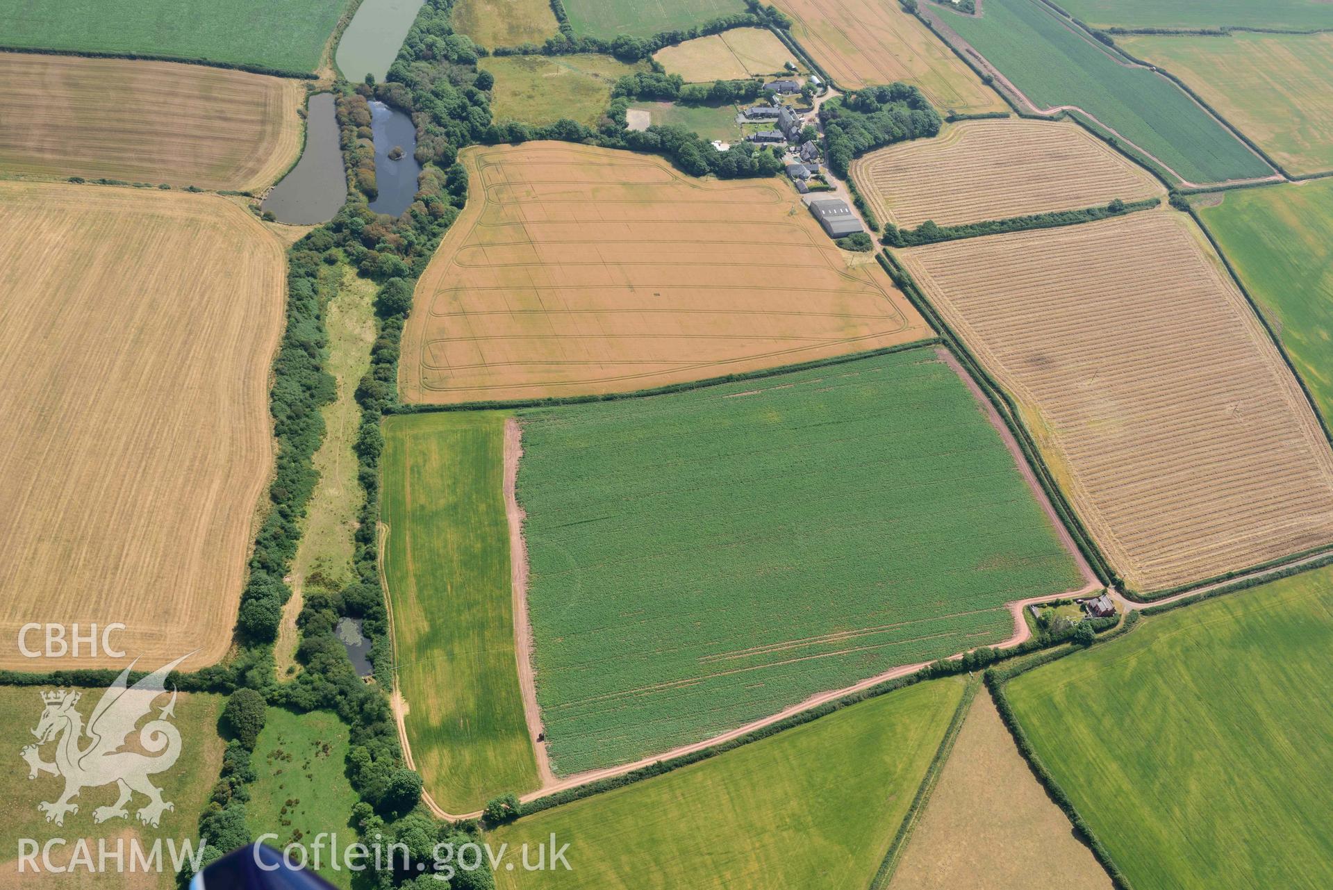 Aerial photography of  West Lodge Farm defended enclosure Aerial reconnaissance survey for the CHERISH Project. Crown Copyright: CHERISH PROJECT 2018. Produced with EU funds through the Ireland Wales Co-operation Programme 2014-2020. All material made freely available through the Open Government Licence.