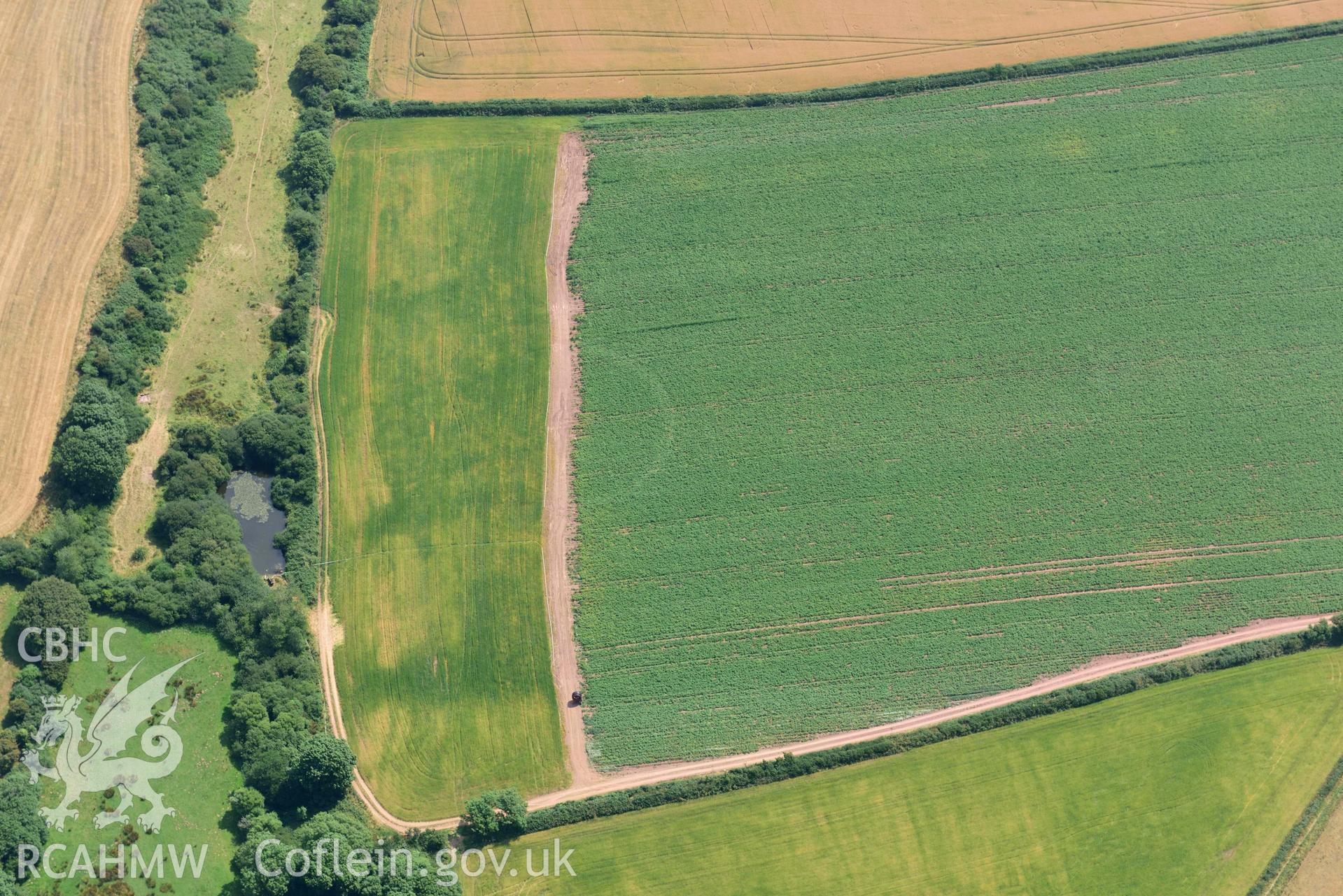 Aerial photography of  West Lodge Farm defended enclosure Aerial reconnaissance survey for the CHERISH Project. Crown Copyright: CHERISH PROJECT 2018. Produced with EU funds through the Ireland Wales Co-operation Programme 2014-2020. All material made freely available through the Open Government Licence.