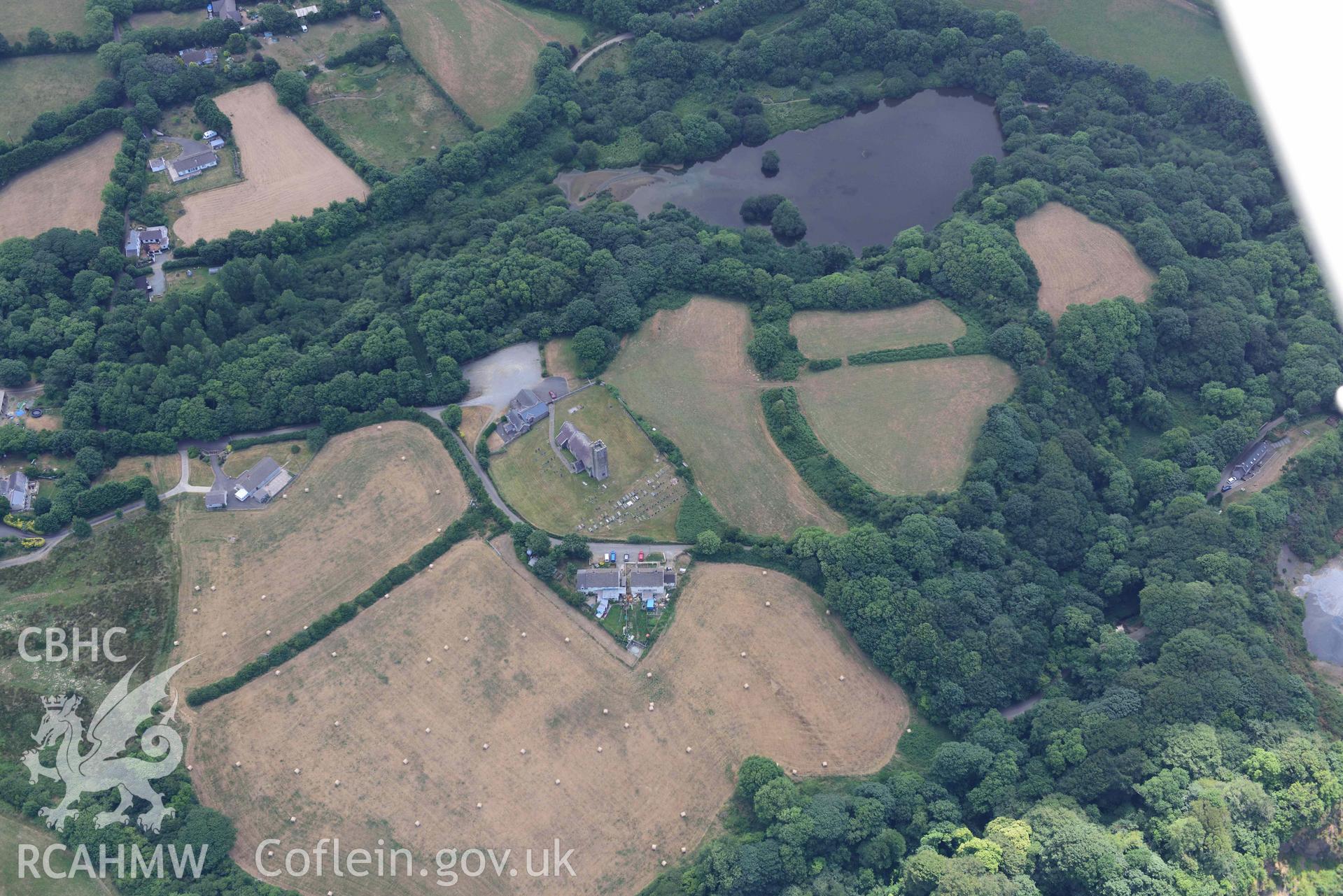 Aerial photography of Walwyns castle and St James church Aerial reconnaissance survey for the CHERISH Project. Crown Copyright: CHERISH PROJECT 2018. Produced with EU funds through the Ireland Wales Co-operation Programme 2014-2020. All material made freely available through the Open Government Licence.