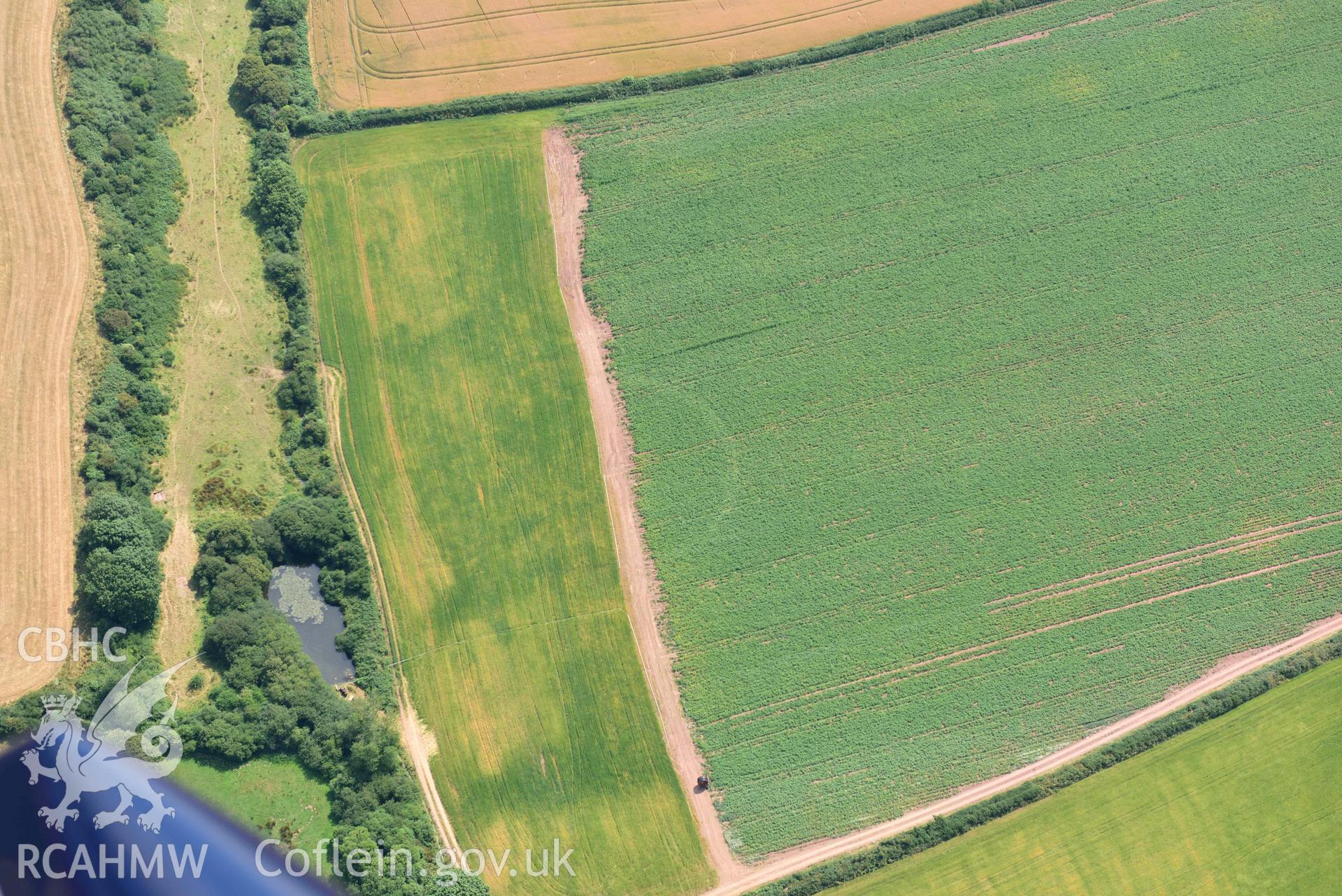 Aerial photography of  West Lodge Farm defended enclosure Aerial reconnaissance survey for the CHERISH Project. Crown Copyright: CHERISH PROJECT 2018. Produced with EU funds through the Ireland Wales Co-operation Programme 2014-2020. All material made freely available through the Open Government Licence.