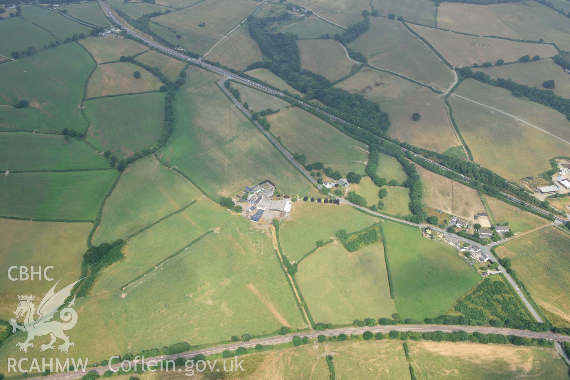 Aerial photography of Roman road, west of Carmarthan, section at Moor Aerial reconnaissance survey for the CHERISH Project. Crown Copyright: CHERISH PROJECT 2018. Produced with EU funds through the Ireland Wales Co-operation Programme 2014-2020. All material made freely available through the Open Government Licence.