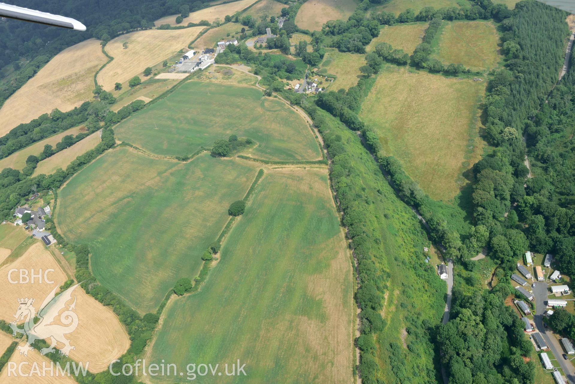 Aerial photography of  Little Castle Park mound, defended enclosure Aerial reconnaissance survey for the CHERISH Project. Crown Copyright: CHERISH PROJECT 2018. Produced with EU funds through the Ireland Wales Co-operation Programme 2014-2020. All material made freely available through the Open Government Licence.