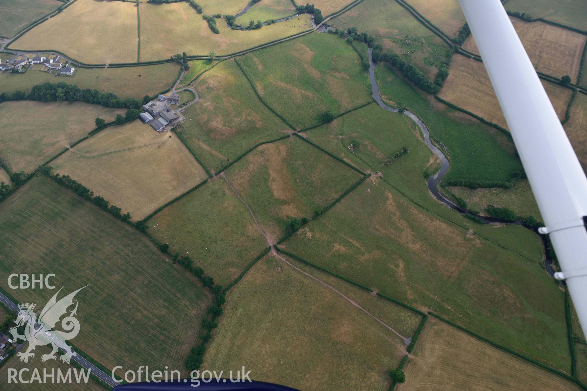 Aerial photography of Roman road, south of Nantllan Aerial reconnaissance survey for the CHERISH Project. Crown Copyright: CHERISH PROJECT 2018. Produced with EU funds through the Ireland Wales Co-operation Programme 2014-2020. All material made freely available through the Open Government Licence.