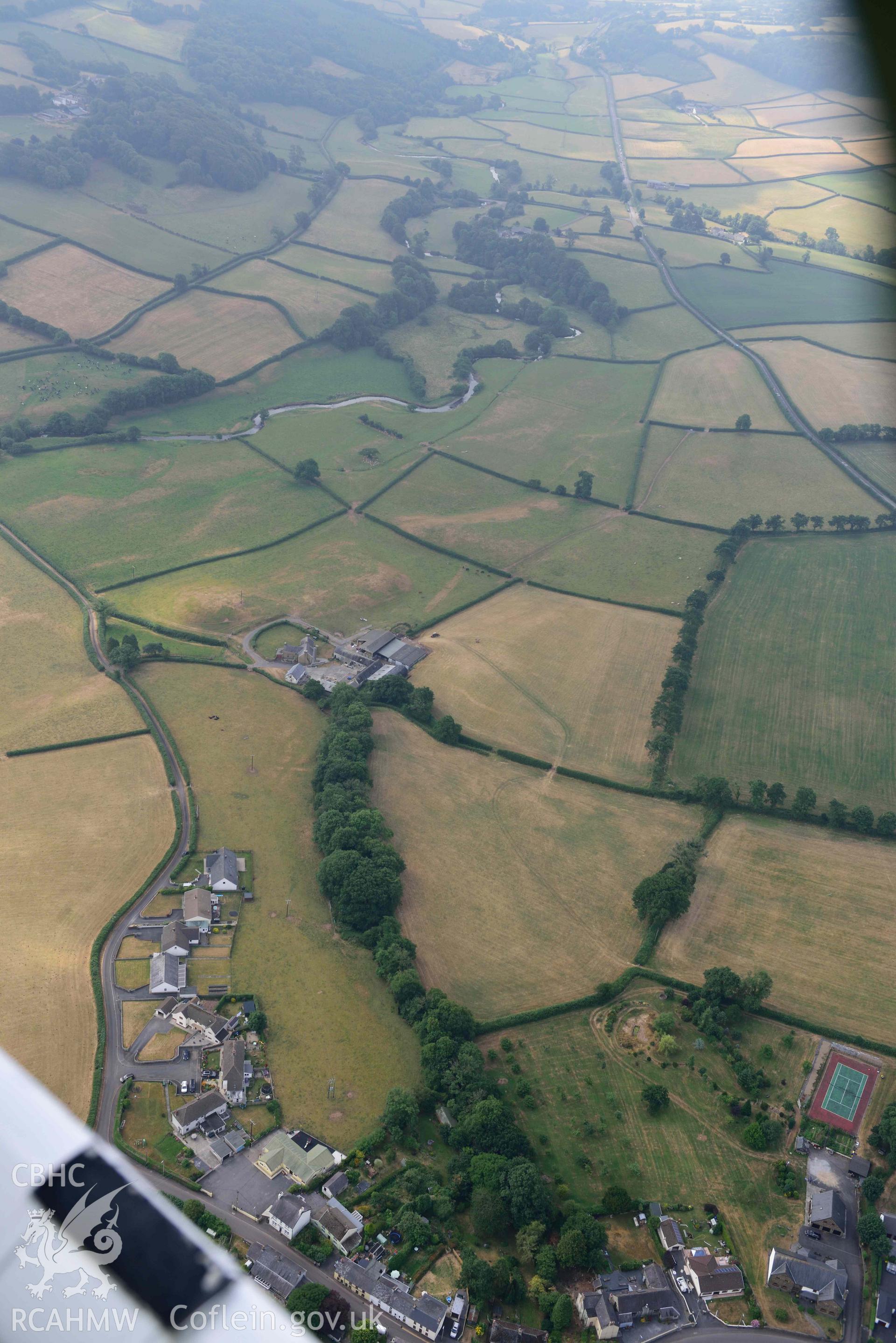 Aerial photography of Roman road, south of Nantllan Aerial reconnaissance survey for the CHERISH Project. Crown Copyright: CHERISH PROJECT 2018. Produced with EU funds through the Ireland Wales Co-operation Programme 2014-2020. All material made freely available through the Open Government Licence.