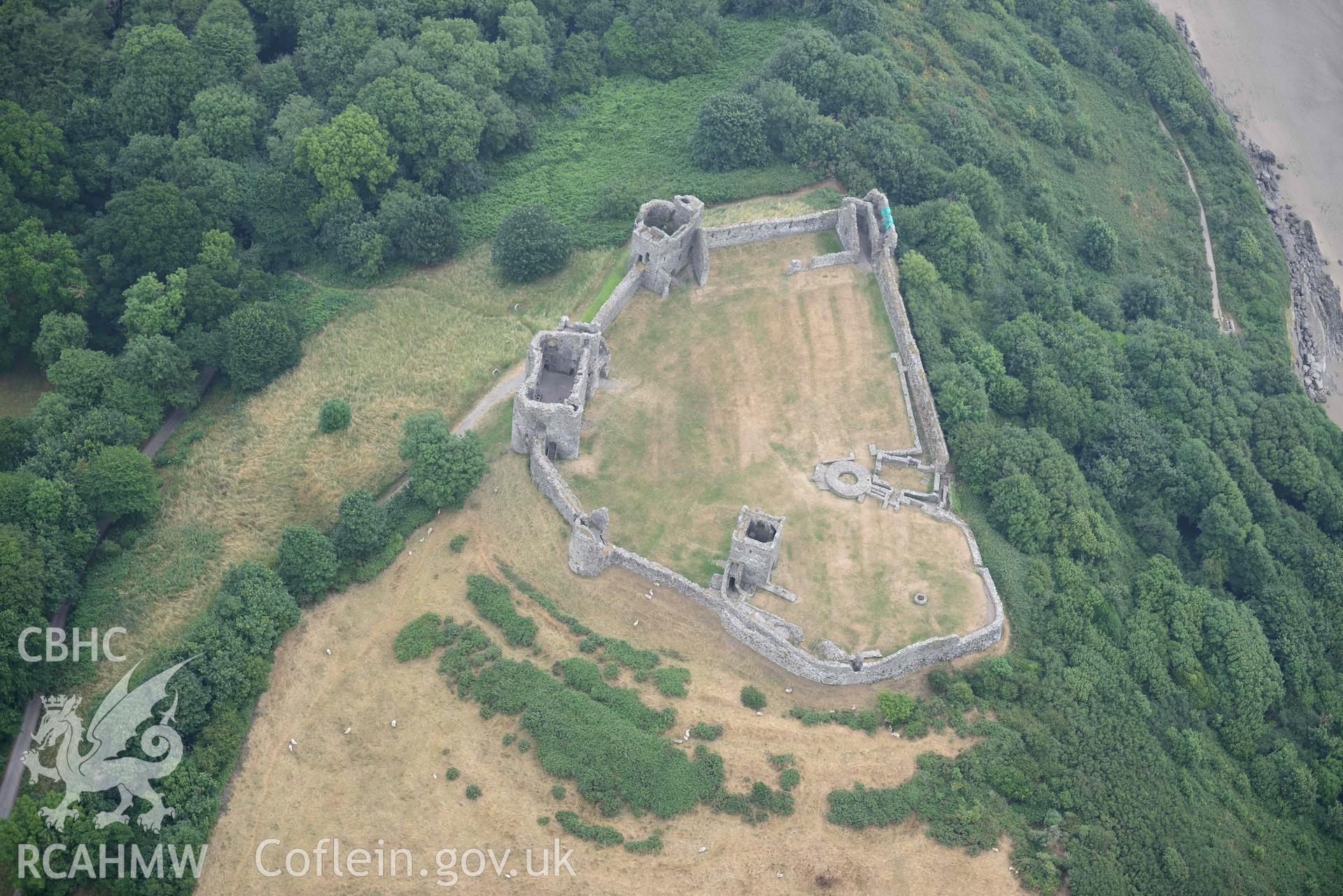 Aerial photography of  Llansteffan castle Aerial reconnaissance survey for the CHERISH Project. Crown Copyright: CHERISH PROJECT 2018. Produced with EU funds through the Ireland Wales Co-operation Programme 2014-2020. All material made freely available through the Open Government Licence.