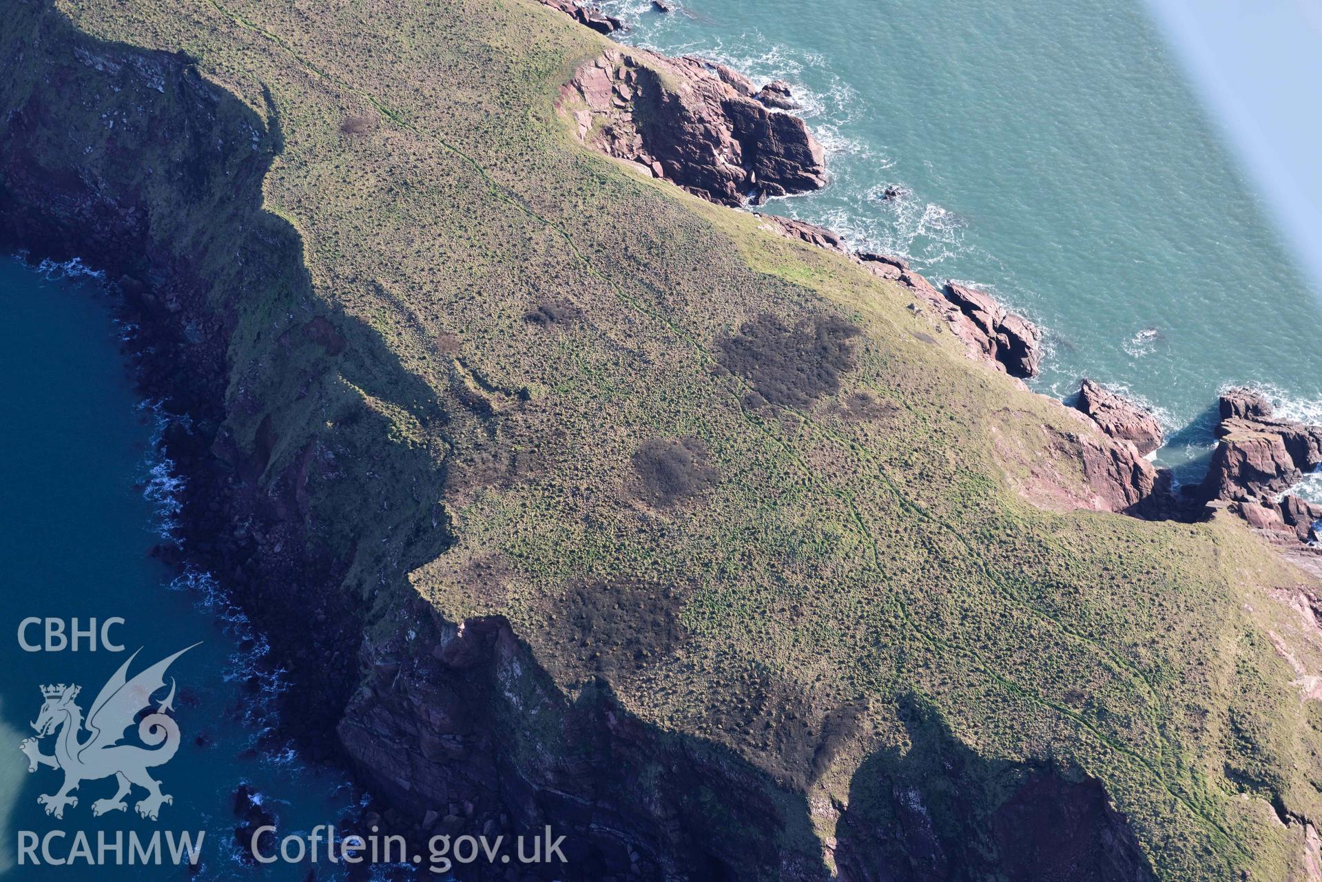 Aerial photo of  Watery Bay Rath.  Aerial reconnaissance survey for the CHERISH Project. Crown Copyright: CHERISH PROJECT 2018. Produced with EU funds through the Ireland Wales Co-operation Programme 2014-2020. All material made freely available through the Open Government Licence.