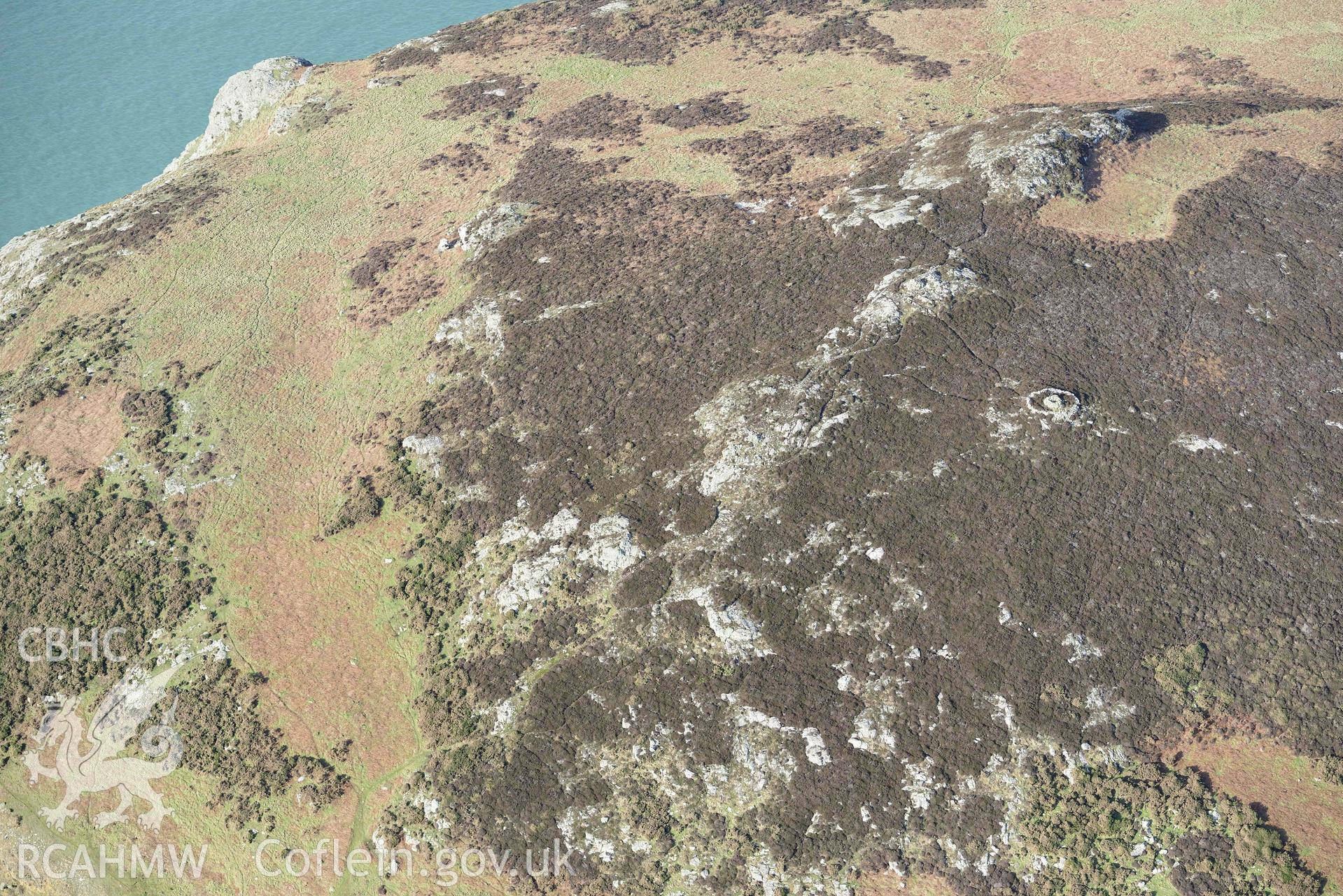 Aerial photo of Carn Ysgubor.  Aerial reconnaissance survey for the CHERISH Project. Crown Copyright: CHERISH PROJECT 2018. Produced with EU funds through the Ireland Wales Co-operation Programme 2014-2020. All material made freely available through the Open Government Licence.