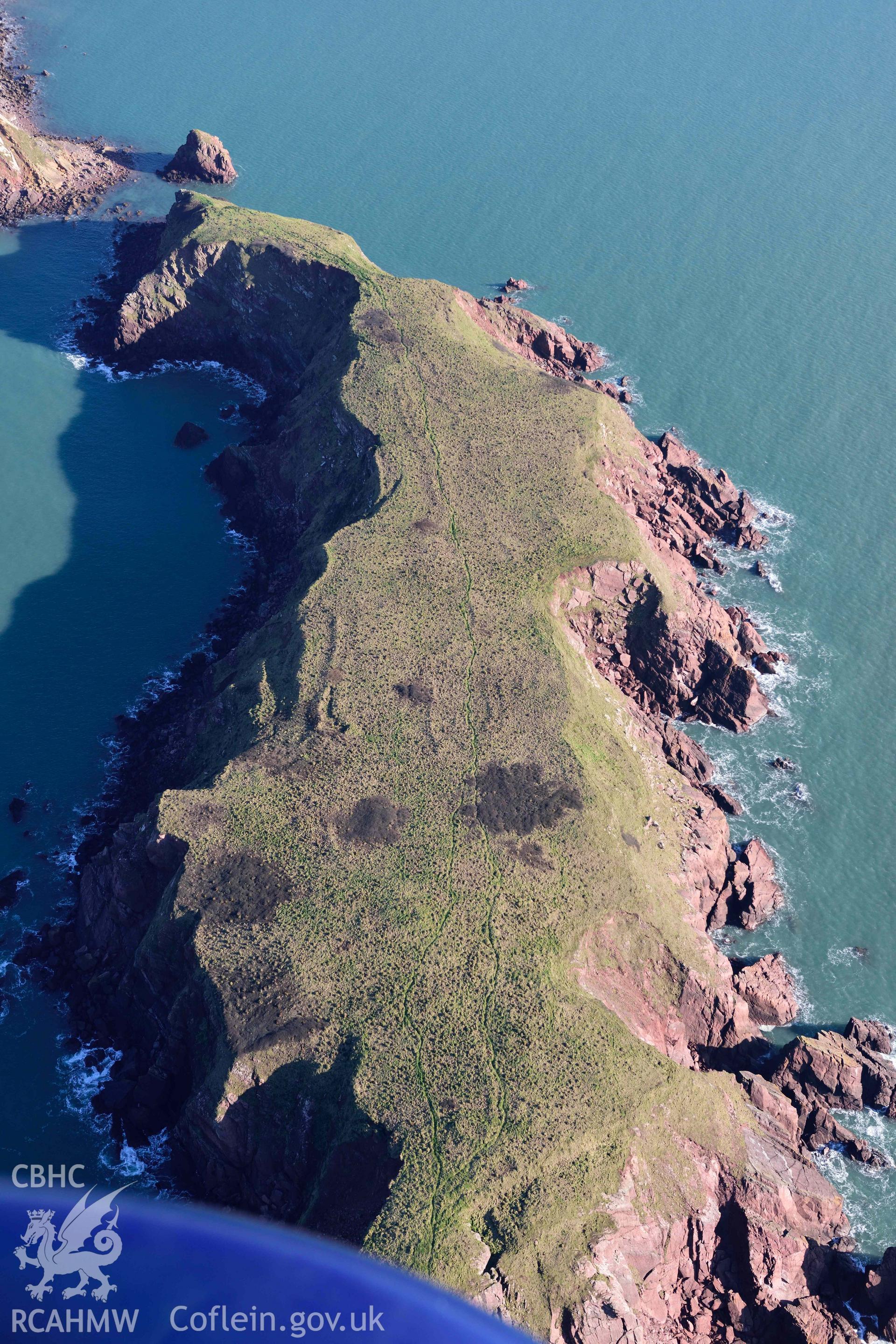 Aerial photo of Gateholm Island.  Aerial reconnaissance survey for the CHERISH Project. Crown Copyright: CHERISH PROJECT 2018. Produced with EU funds through the Ireland Wales Co-operation Programme 2014-2020. All material made freely available through the Open Government Licence.