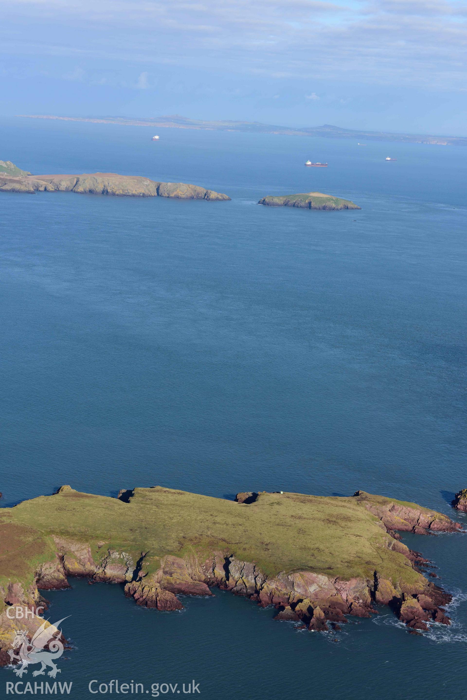 Aerial photo of  Skokholm limekiln.  Aerial reconnaissance survey for the CHERISH Project. Crown Copyright: CHERISH PROJECT 2018. Produced with EU funds through the Ireland Wales Co-operation Programme 2014-2020. All material made freely available through the Open Government Licence.