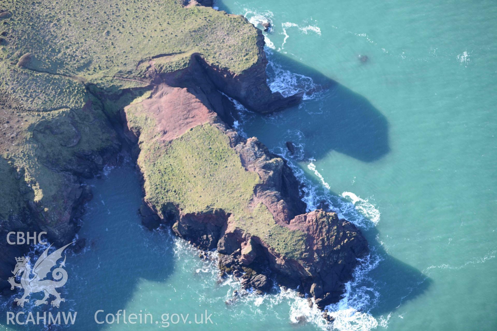 Aerial photo of Nab Head.  Aerial reconnaissance survey for the CHERISH Project. Crown Copyright: CHERISH PROJECT 2018. Produced with EU funds through the Ireland Wales Co-operation Programme 2014-2020. All material made freely available through the Open Government Licence.