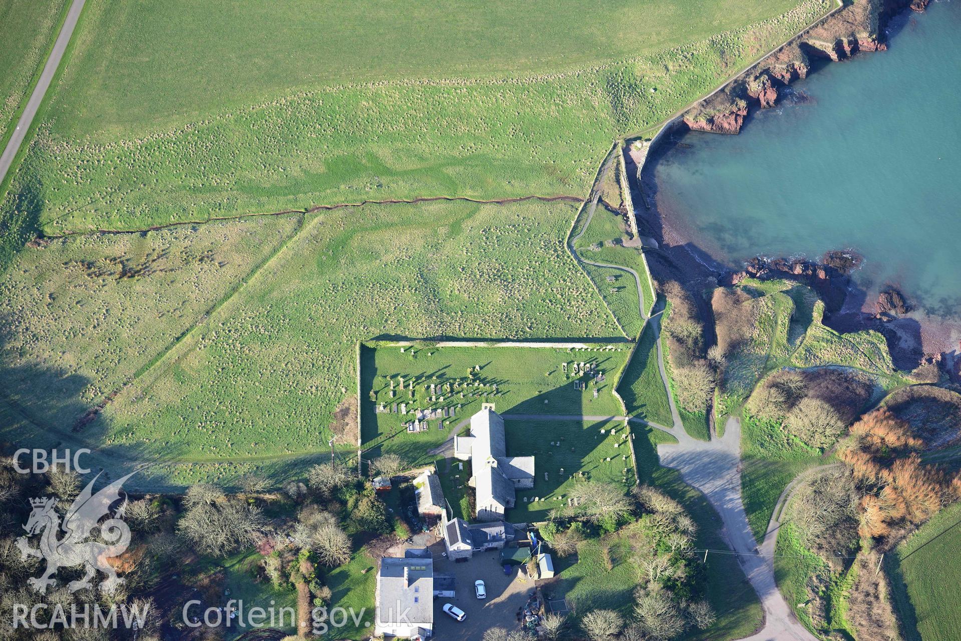 Aerial photo of St Brides church.  Aerial reconnaissance survey for the CHERISH Project. Crown Copyright: CHERISH PROJECT 2018. Produced with EU funds through the Ireland Wales Co-operation Programme 2014-2020. All material made freely available through the Open Government Licence.