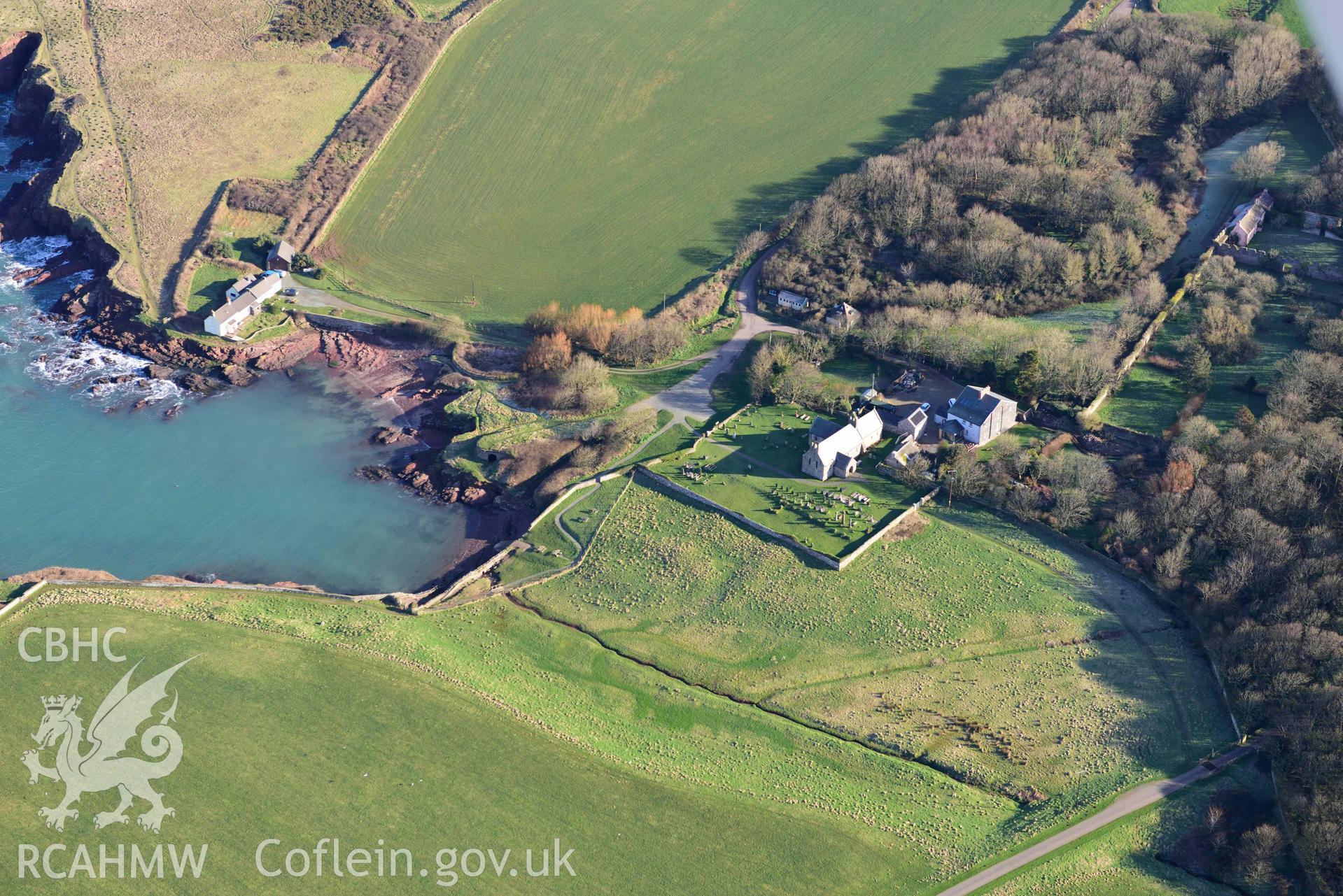 Aerial photo of St Brides church.  Aerial reconnaissance survey for the CHERISH Project. Crown Copyright: CHERISH PROJECT 2018. Produced with EU funds through the Ireland Wales Co-operation Programme 2014-2020. All material made freely available through the Open Government Licence.