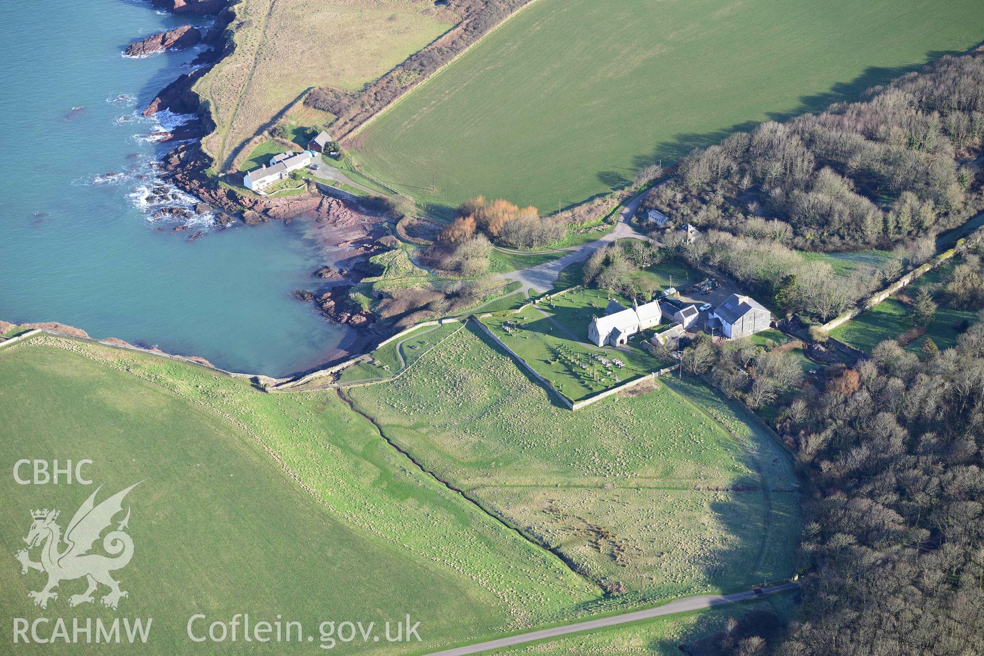 Aerial photo of Chapel,  St Brides.  Aerial reconnaissance survey for the CHERISH Project. Crown Copyright: CHERISH PROJECT 2018. Produced with EU funds through the Ireland Wales Co-operation Programme 2014-2020. All material made freely available through the Open Government Licence.