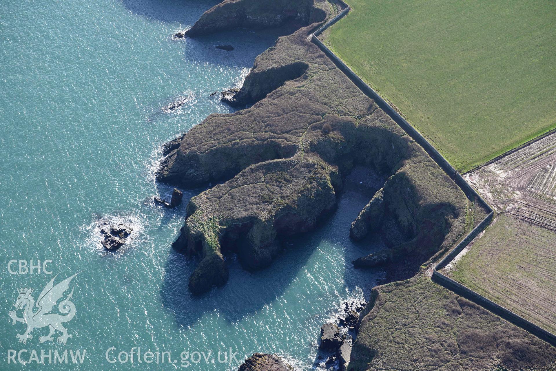 Aerial photo of Castle Head.  Aerial reconnaissance survey for the CHERISH Project. Crown Copyright: CHERISH PROJECT 2018. Produced with EU funds through the Ireland Wales Co-operation Programme 2014-2020. All material made freely available through the Open Government Licence.