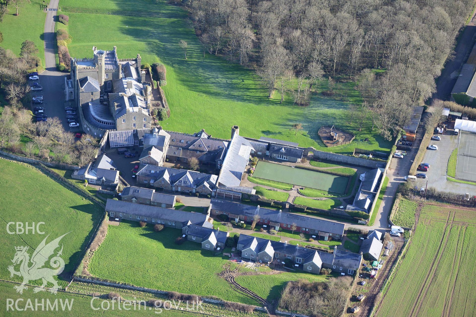 Aerial photo of St Brides Castle.  Aerial reconnaissance survey for the CHERISH Project. Crown Copyright: CHERISH PROJECT 2018. Produced with EU funds through the Ireland Wales Co-operation Programme 2014-2020. All material made freely available through the Open Government Licence.