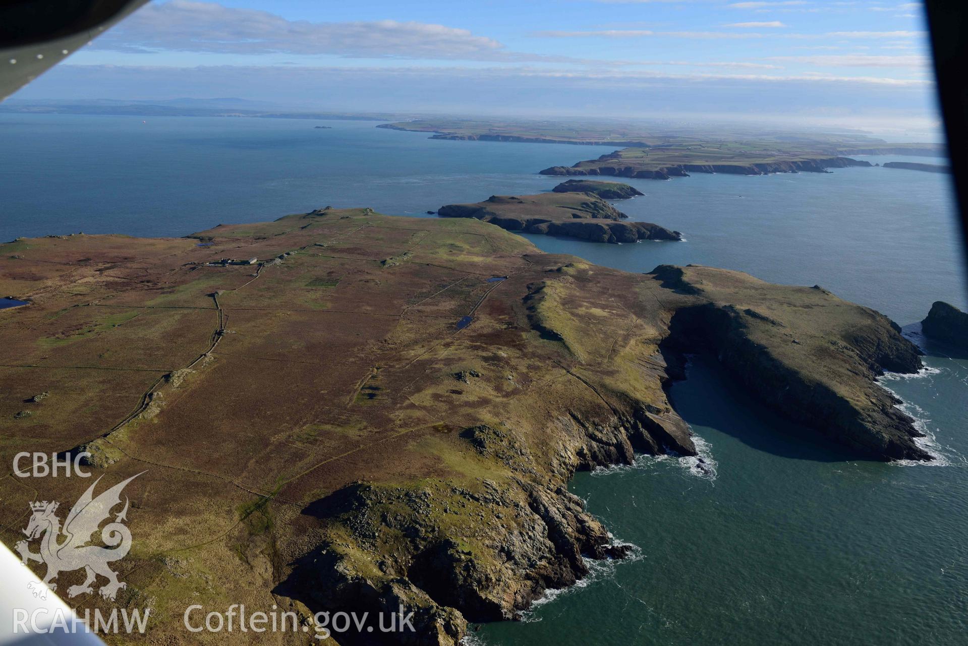 Aerial photo of Skomer Is fields.  Aerial reconnaissance survey for the CHERISH Project. Crown Copyright: CHERISH PROJECT 2018. Produced with EU funds through the Ireland Wales Co-operation Programme 2014-2020. All material made freely available through the Open Government Licence.