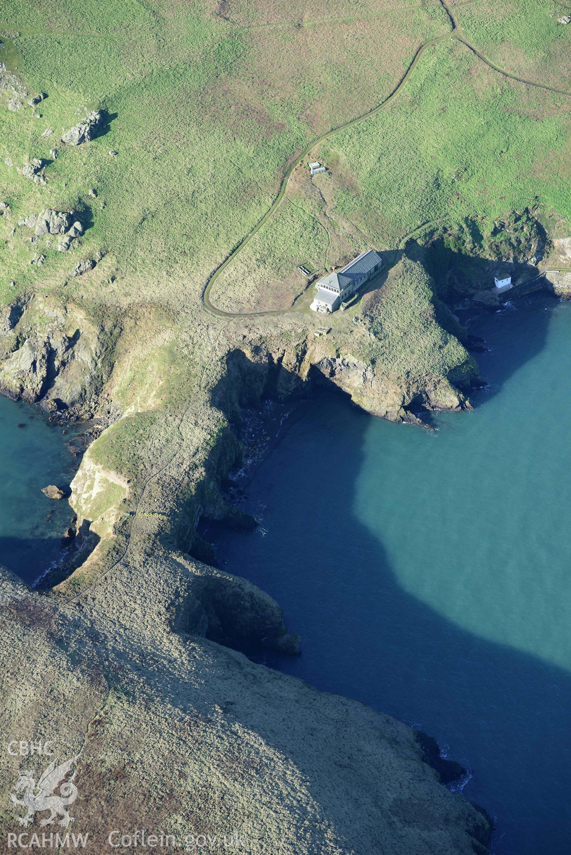 Aerial photo of Skomer warden.  Aerial reconnaissance survey for the CHERISH Project. Crown Copyright: CHERISH PROJECT 2018. Produced with EU funds through the Ireland Wales Co-operation Programme 2014-2020. All material made freely available through the Open Government Licence.