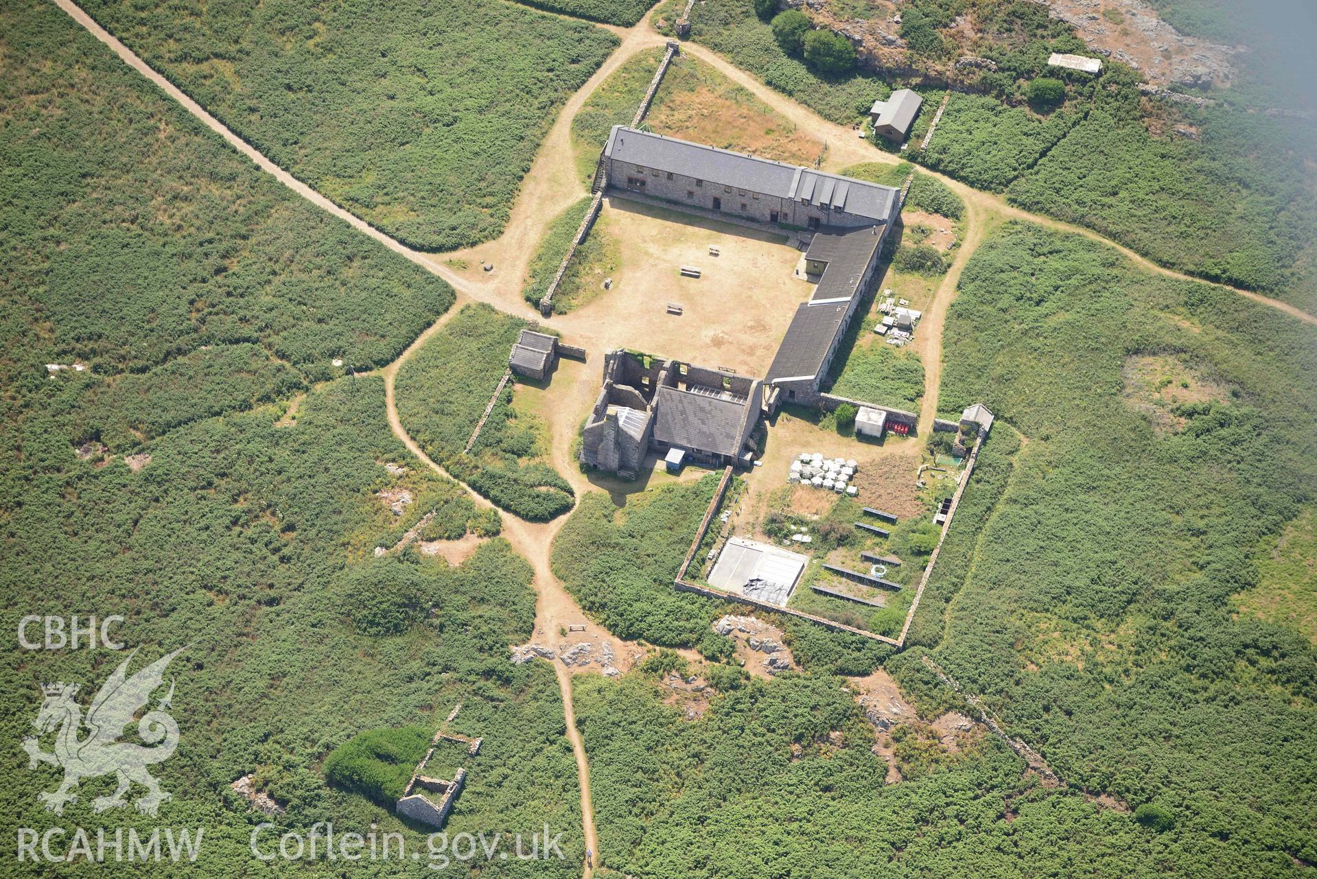 Aerial photography of Old Farm Skomer, Skomer Island and long house Aerial reconnaissance survey for the CHERISH Project. Crown Copyright: CHERISH PROJECT 2018. Produced with EU funds through the Ireland Wales Co-operation Programme 2014-2020. All material made freely available through the Open Government Licence.