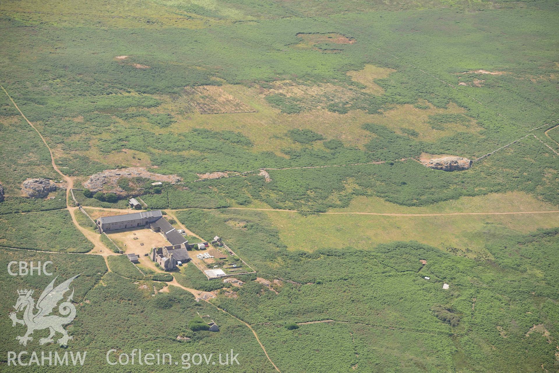 Aerial photography of Old Farm Skomer, Skomer Island Aerial reconnaissance survey for the CHERISH Project. Crown Copyright: CHERISH PROJECT 2018. Produced with EU funds through the Ireland Wales Co-operation Programme 2014-2020. All material made freely available through the Open Government Licence.