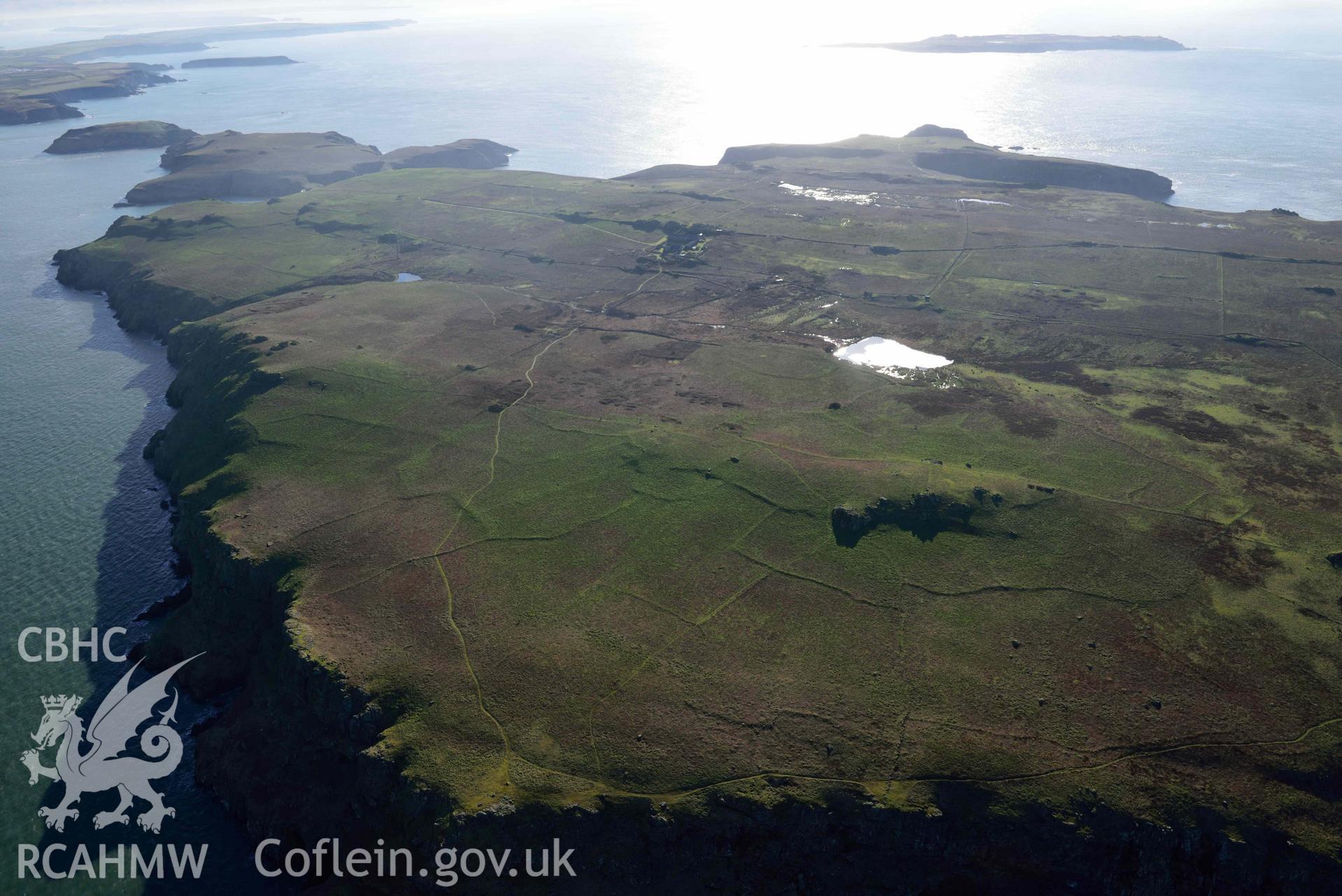 Aerial photo of Skomer Island, north fields.  Aerial reconnaissance survey for the CHERISH Project. Crown Copyright: CHERISH PROJECT 2018. Produced with EU funds through the Ireland Wales Co-operation Programme 2014-2020. All material made freely available through the Open Government Licence.