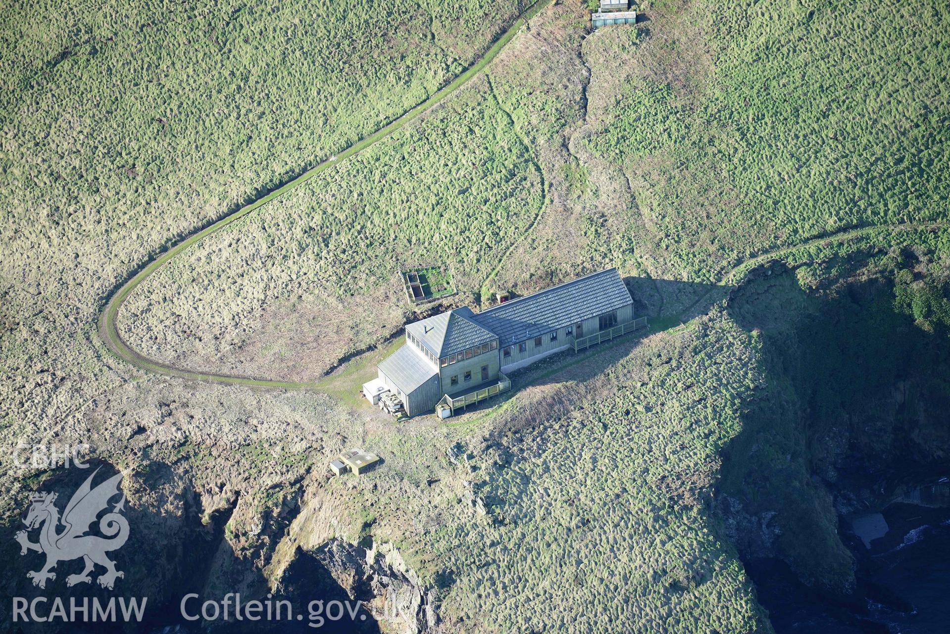 Aerial photo of Skomer warden.  Aerial reconnaissance survey for the CHERISH Project. Crown Copyright: CHERISH PROJECT 2018. Produced with EU funds through the Ireland Wales Co-operation Programme 2014-2020. All material made freely available through the Open Government Licence.