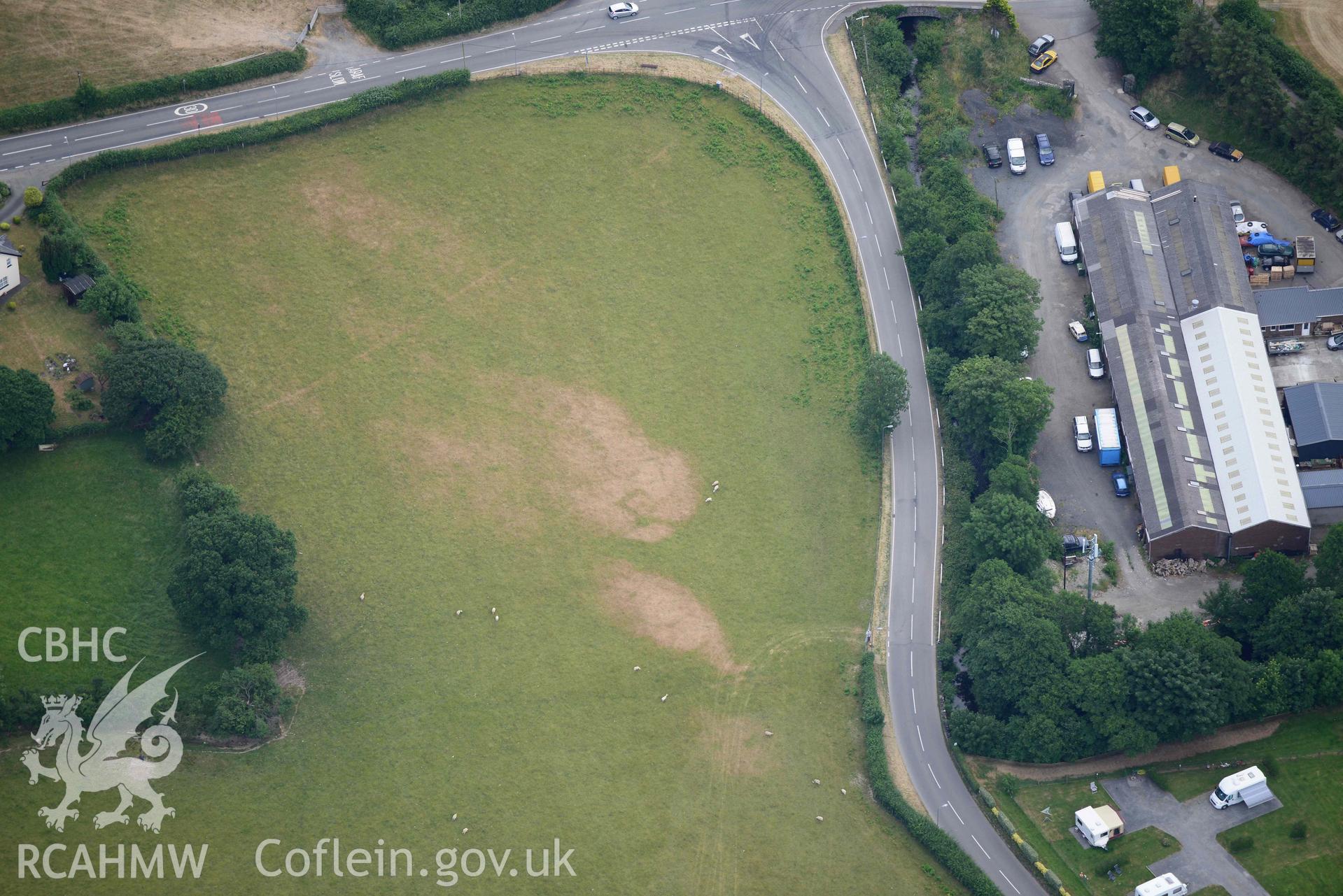 Aerial photograph: Bryncrug, Pont y Felindre, square barrow cemetery. Crown: CHERISH PROJECT 2018. Produced with EU funds through the Ireland Wales Co-operation Programme 2014-2020 (NGR SH613032)