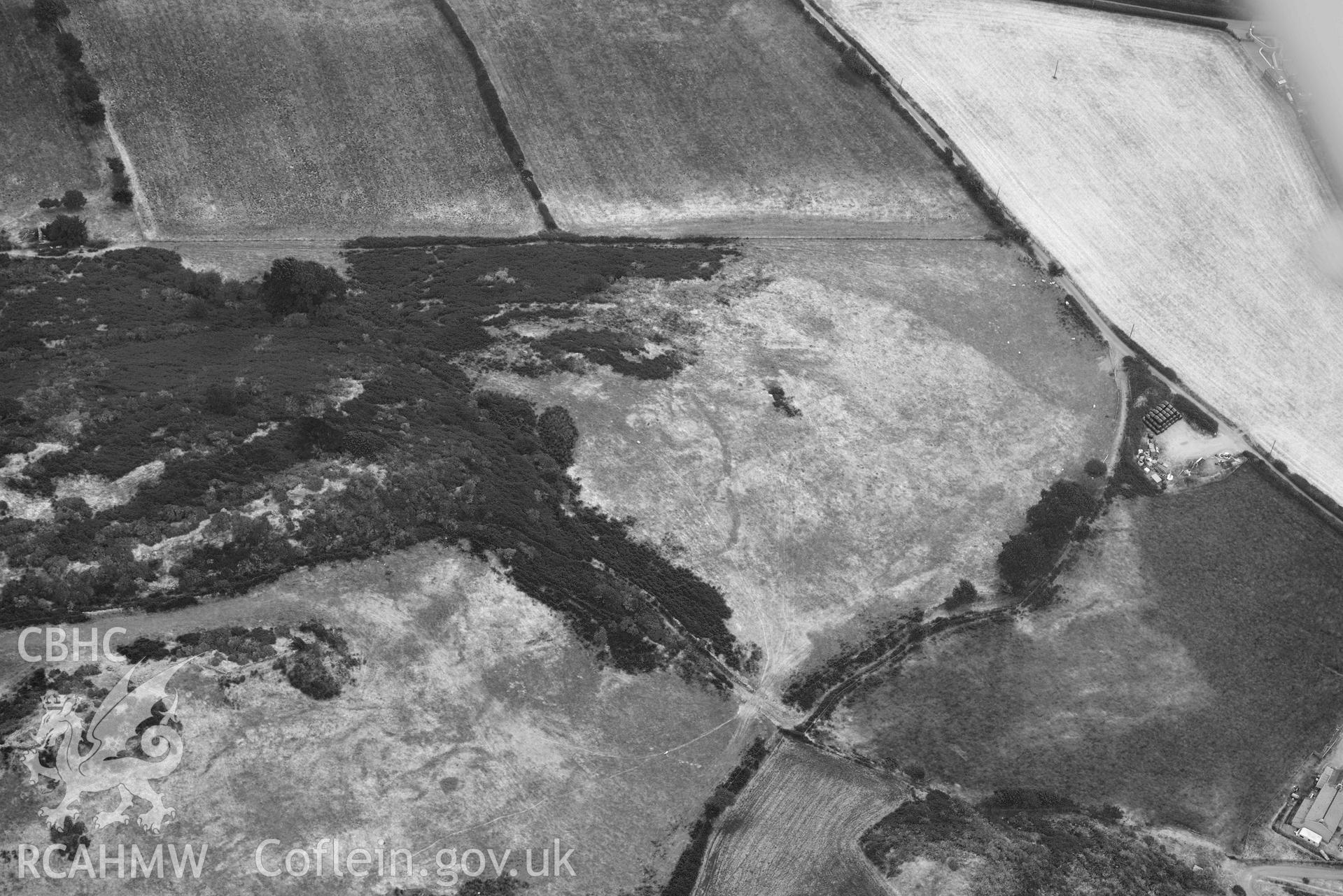 Aerial photograph: Allt-lwyd, parchmarks of ridge-top defended enclosure. Crown: CHERISH PROJECT 2018. Produced with EU funds through the Ireland Wales Co-operation Programme 2014-2020 (NGR SH629987)