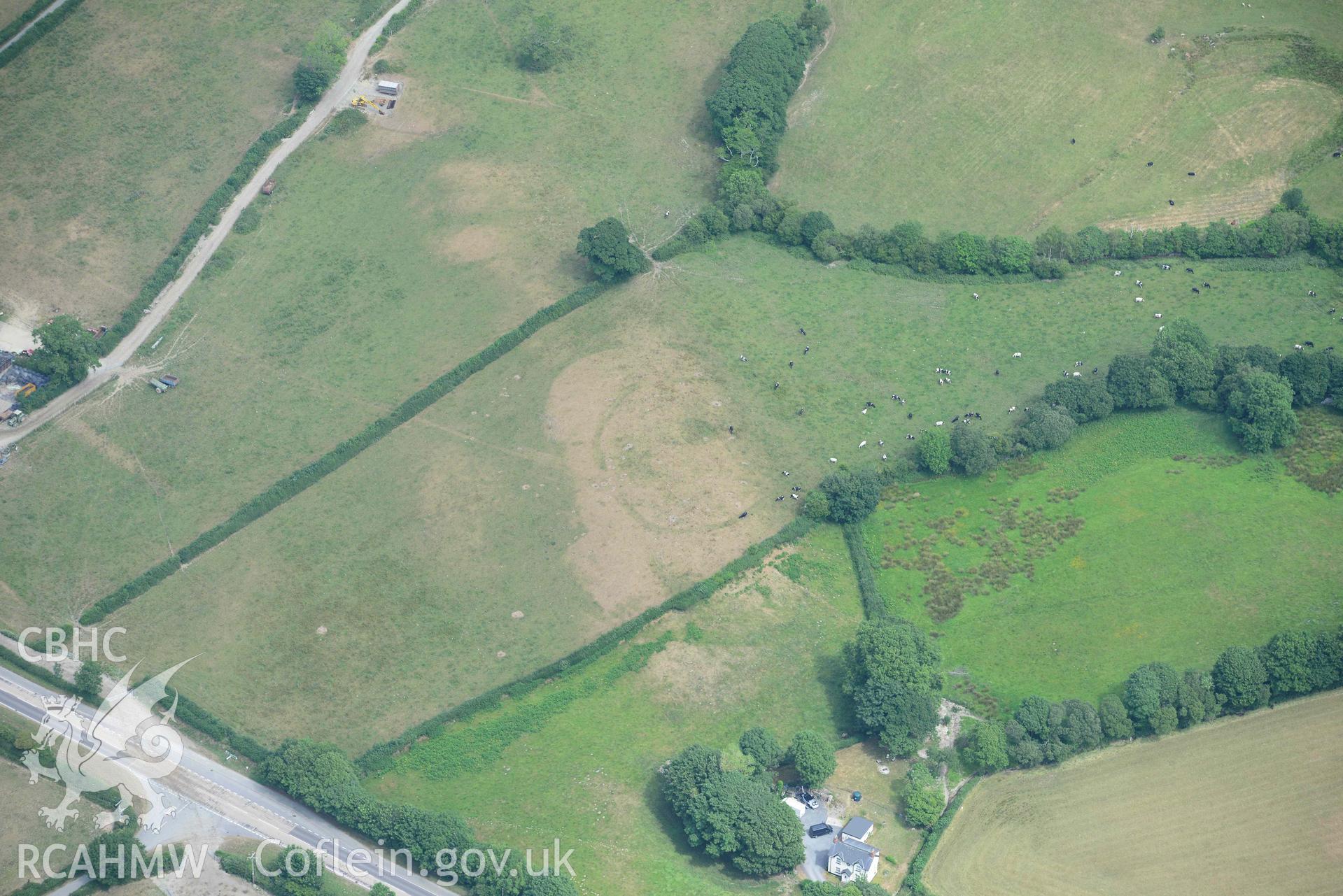 Aerial photograph: Odyn Fach, cropmarks of a defended enclosure. Crown: CHERISH PROJECT 2018. Produced with EU funds through the Ireland Wales Co-operation Programme 2014-2020 (NGR SN646876)