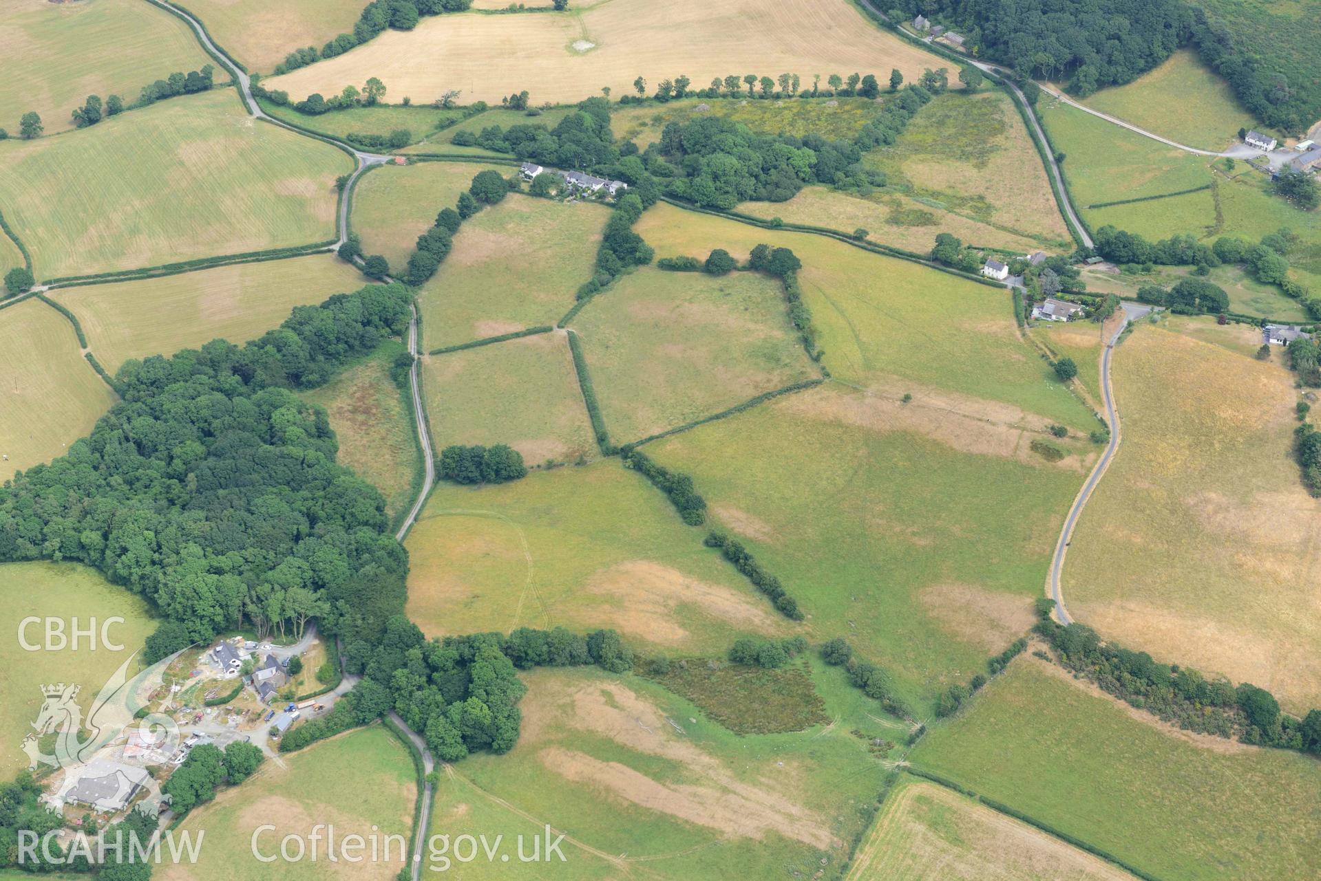 Aerial photograph: Pentre-bach; general survey of non-archaeological parchmarks in fields west of Pentre-bach. Crown: CHERISH PROJECT 2018. Produced with EU funds through the Ireland Wales Co-operation Programme 2014-2020 (NGR SN644900)