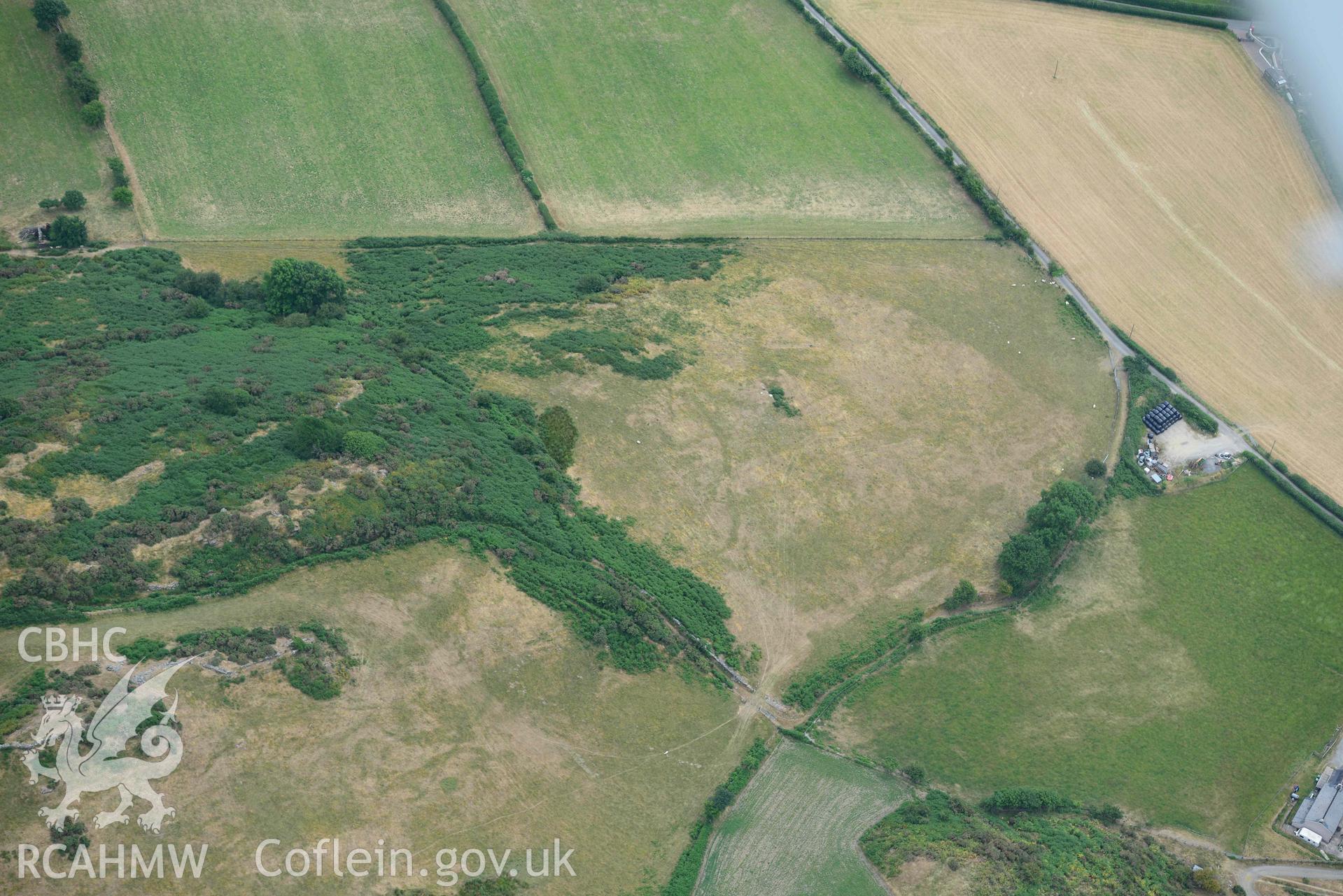 Aerial photograph: Allt-lwyd, parchmarks of ridge-top defended enclosure. Crown: CHERISH PROJECT 2018. Produced with EU funds through the Ireland Wales Co-operation Programme 2014-2020 (NGR SH629987)