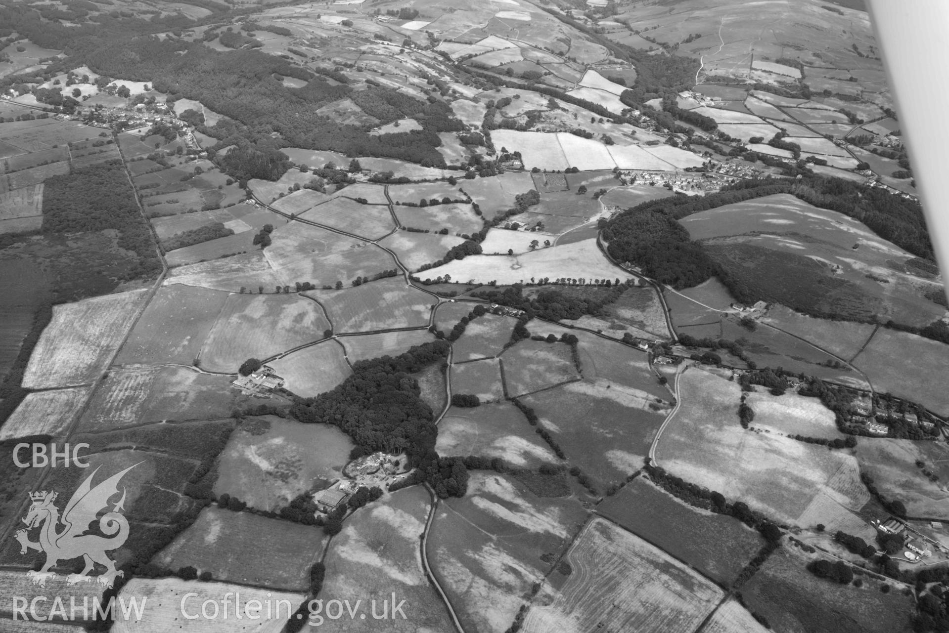 Aerial photograph: Pentre-bach; general survey of non-archaeological parchmarks in fields west of Pentre-bach. View from west. Crown: CHERISH PROJECT 2018. Produced with EU funds through the Ireland Wales Co-operation Programme 2014-2020 (NGR SN644900)