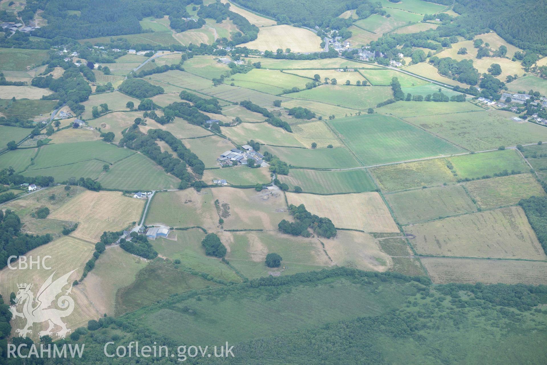 Aerial photograph: Llangynfelin Island cropmarks; nothing archaeologicalis evident. Crown: CHERISH PROJECT 2018. Produced with EU funds through the Ireland Wales Co-operation Programme 2014-2020 (NGR SN647916)