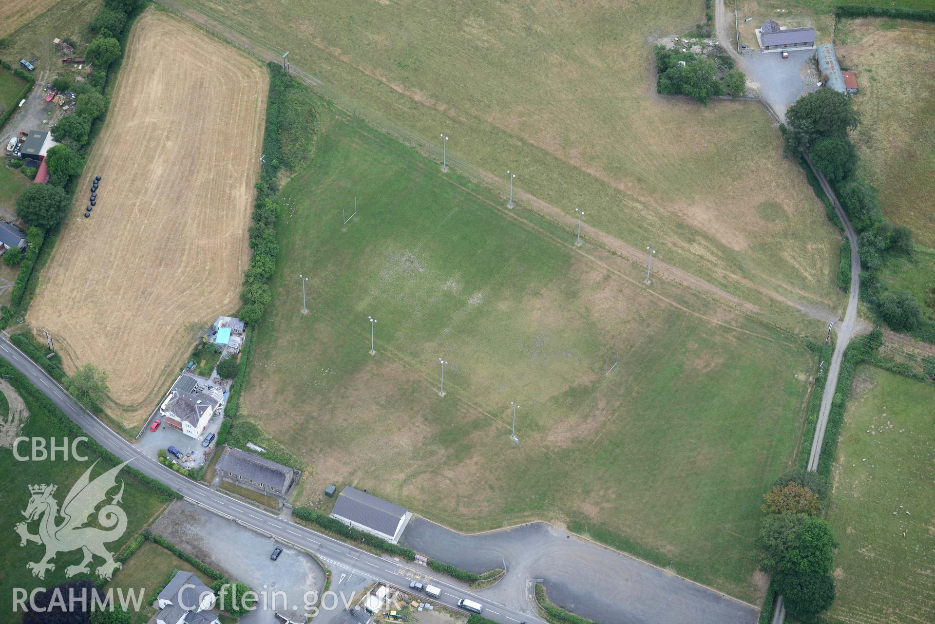 Aerial photograph: Cwmann, Lampeter Rugby Club ring ditch. Crown: CHERISH PROJECT 2018. Produced with EU funds through the Ireland Wales Co-operation Programme 2014-2020 (NGR SN577466)