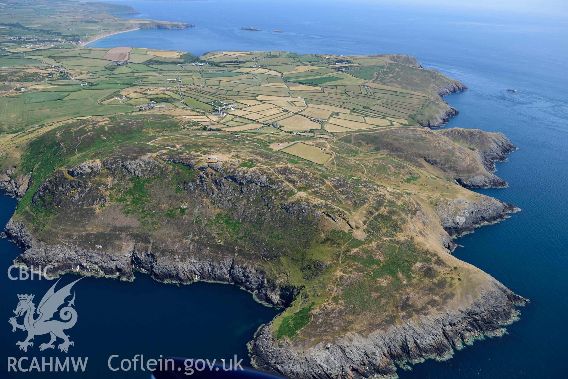 Aerial photograph: Mynydd Mawr headland and Signal Station. Crown: CHERISH PROJECT 2018. Produced with EU funds through the Ireland Wales Co-operation Programme 2014-2020 (NGR SH139258)