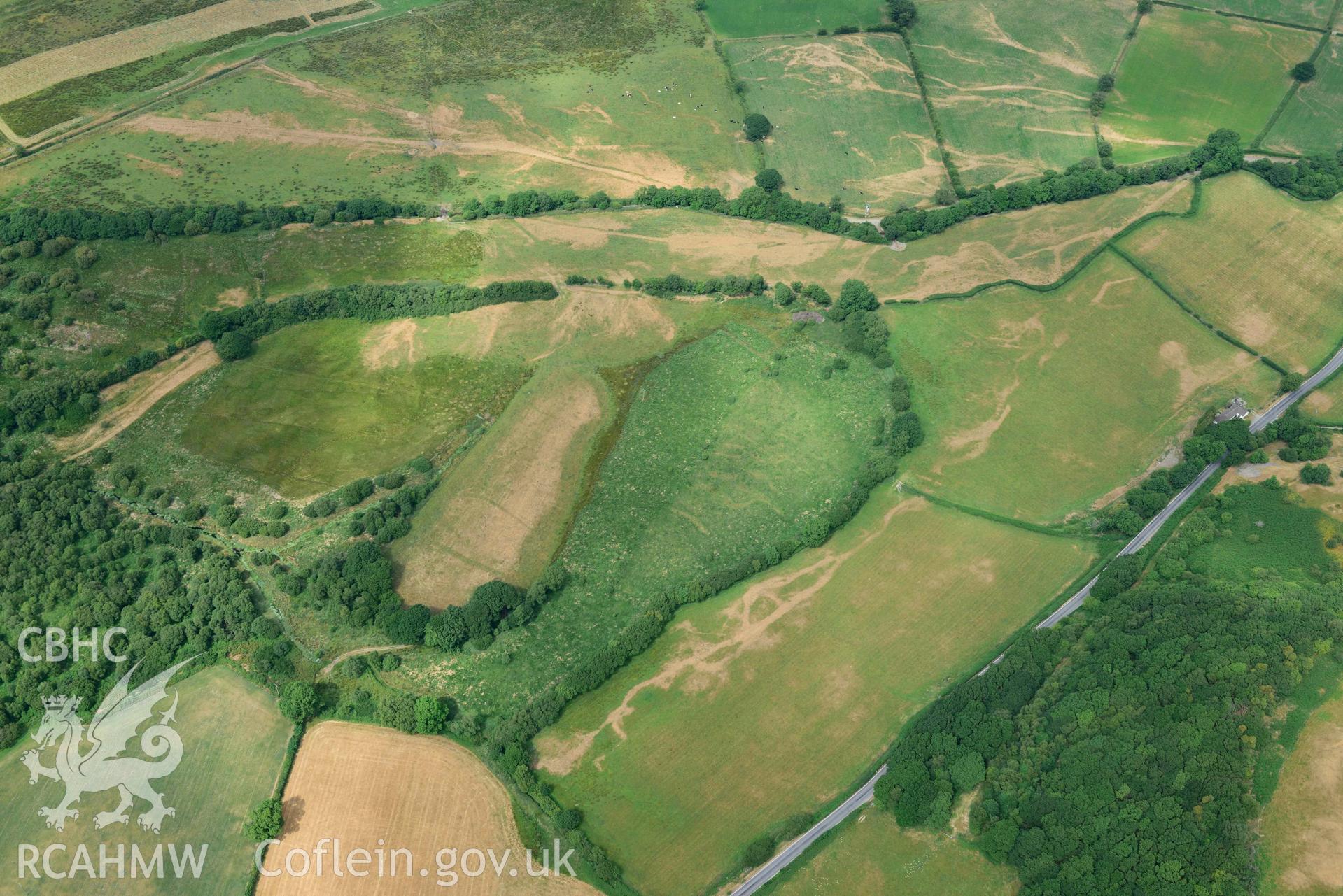 Aerial photograph: Pont Fflur to Old Abbey Farm; complex of drainage and trackway parchmarks. Crown: CHERISH PROJECT 2018. Produced with EU funds through the Ireland Wales Co-operation Programme 2014-2020 (NGR SN712646)