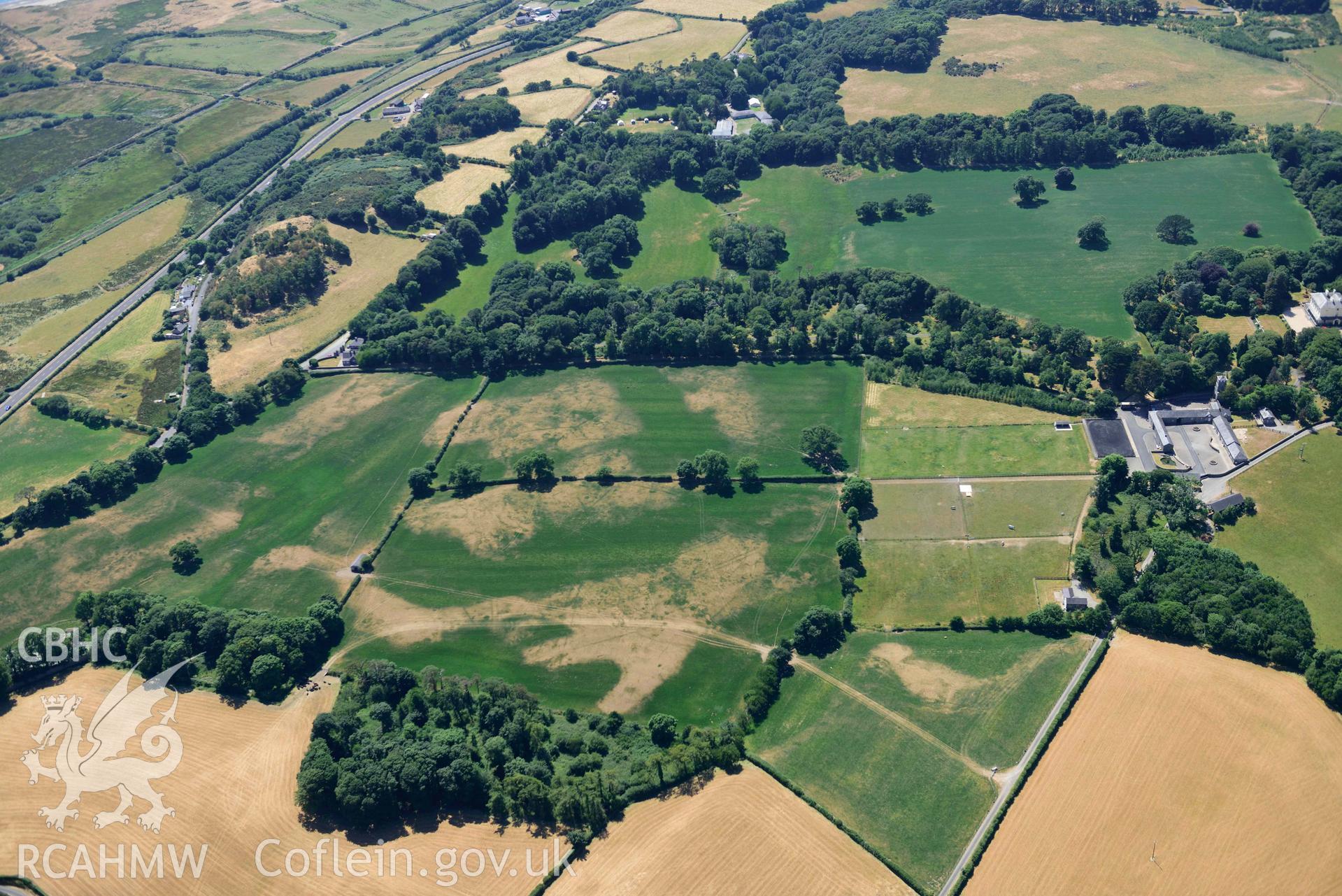 Aerial photograph: Broom Hall parkland; wide view from north-east. Crown: CHERISH PROJECT 2018. Produced with EU funds through the Ireland Wales Co-operation Programme 2014-2020 (NGR SH414369)