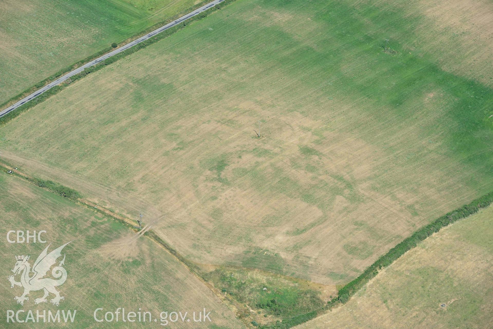 Aerial photograph: Bryniau or Bryn Rhydd cropmark enclosure. Crown: CHERISH PROJECT 2018. Produced with EU funds through the Ireland Wales Co-operation Programme 2014-2020 (NGR SH265387)