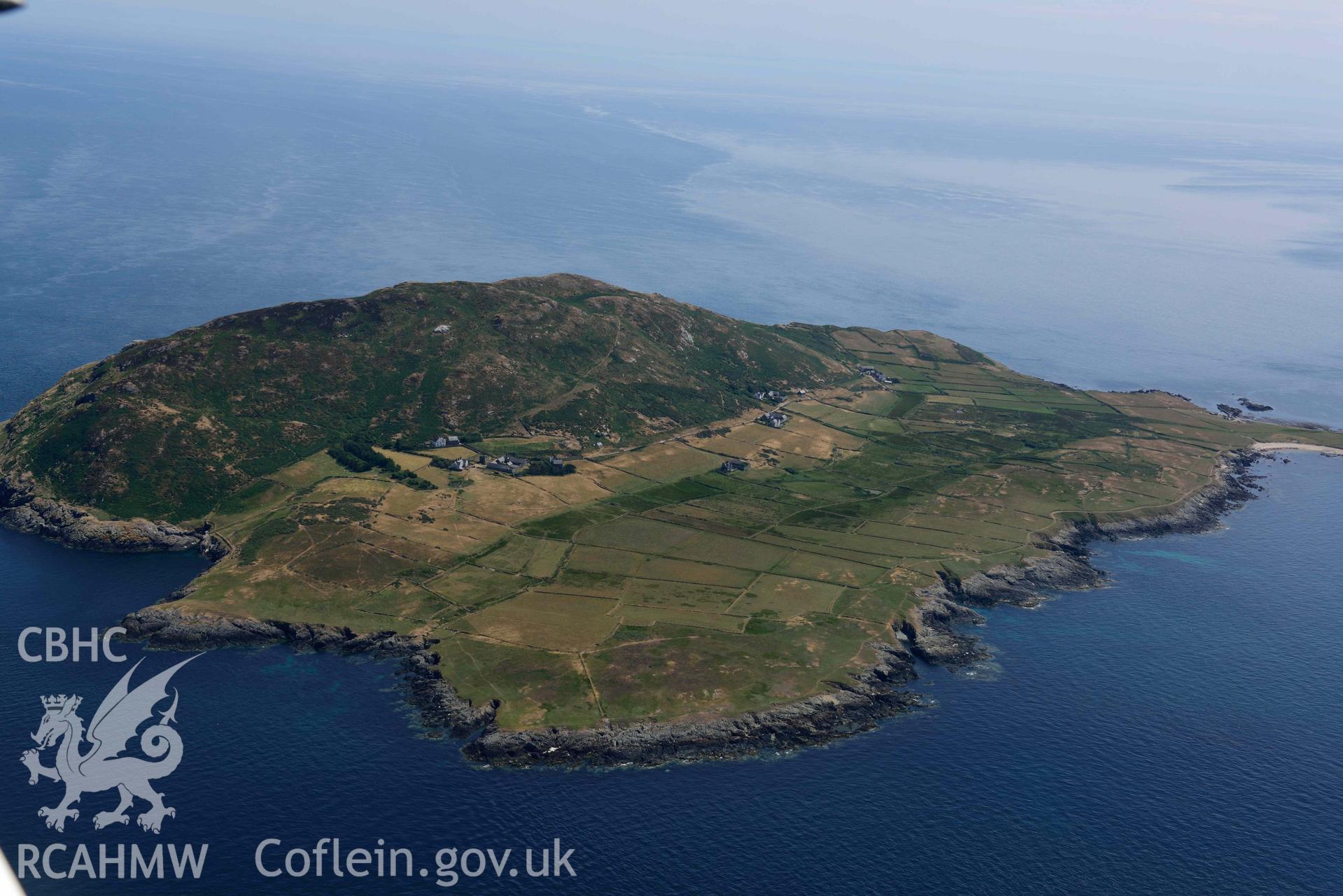 Aerial photograph: Ynys Enlli or Bardsey Island, Bae y Rhigol enclosures and field system. Crown: CHERISH PROJECT 2018. Produced with EU funds through the Ireland Wales Co-operation Programme 2014-2020 (NGR SH116225)