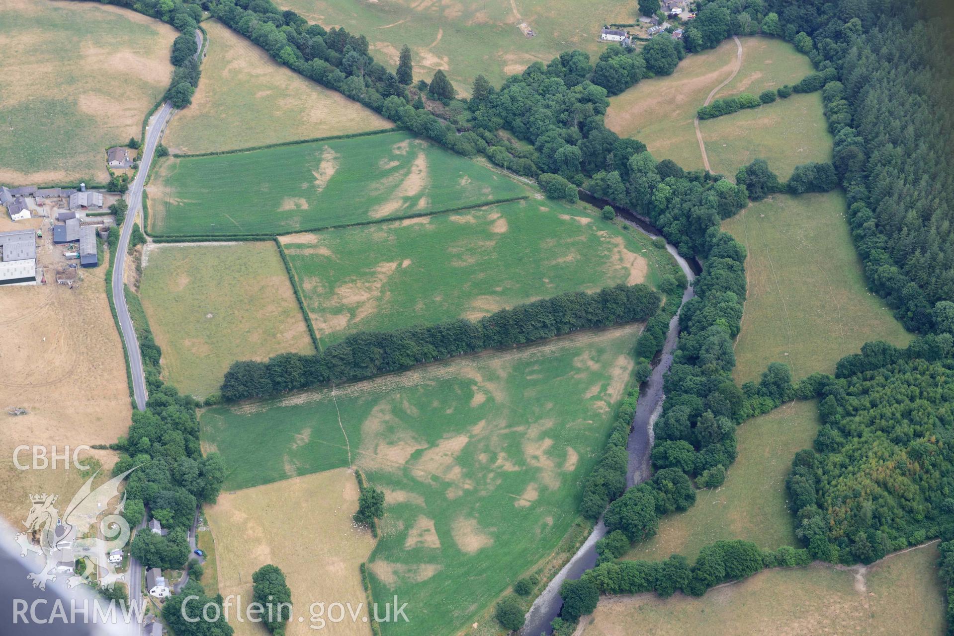 Aerial photograph: Non-archaeological cropmarks, Pont Wenallt, Llanafan. Crown: CHERISH PROJECT 2018. Produced with EU funds through the Ireland Wales Co-operation Programme 2014-2020 (NGR SN681713)