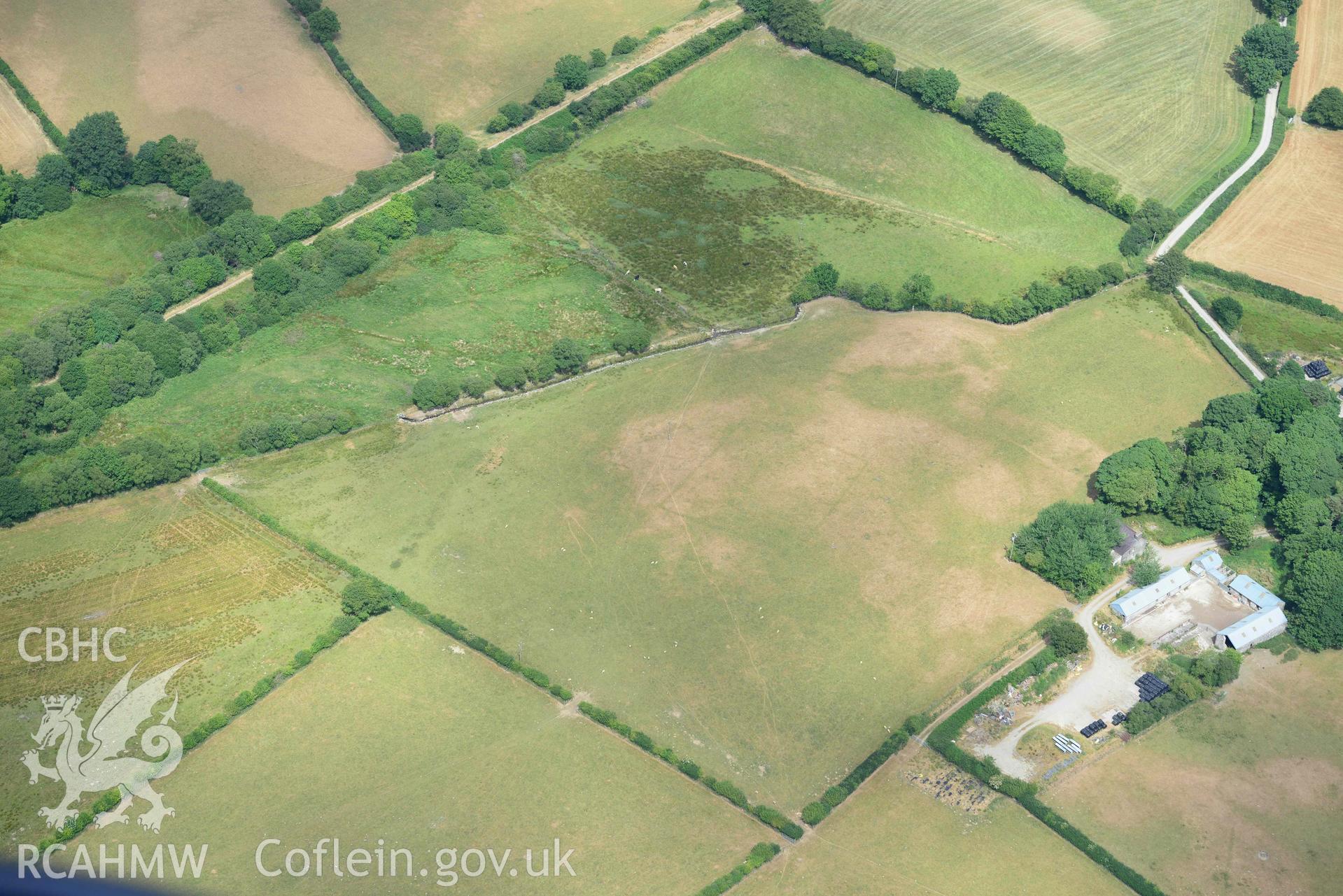 Aerial photograph: Maesbanadlog rectangular enclosure, cropmark. Crown: CHERISH PROJECT 2018. Produced with EU funds through the Ireland Wales Co-operation Programme 2014-2020 (NGR SN705671)