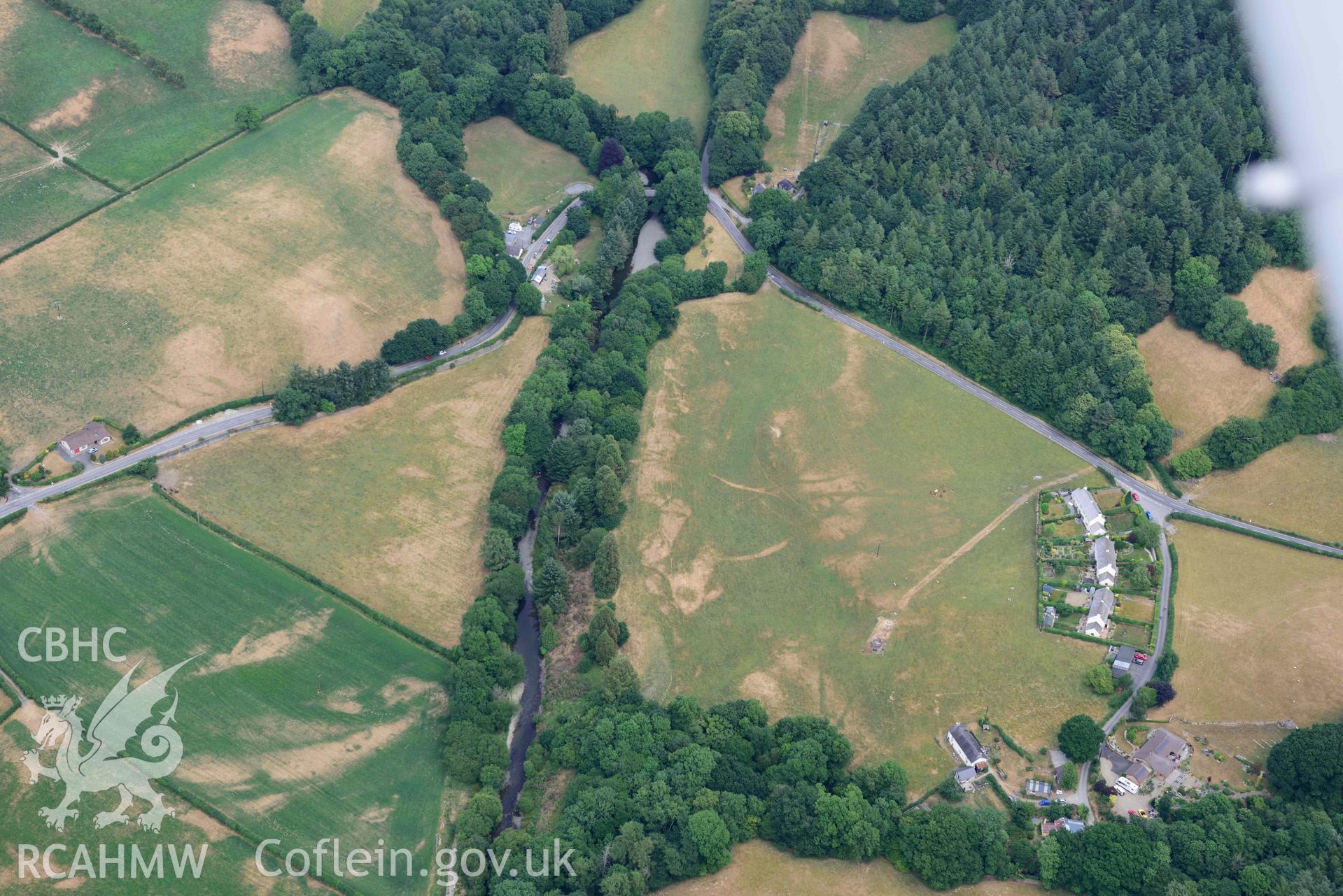 Aerial photograph: Pont Llanafan, various cropmarks. Crown: CHERISH PROJECT 2018. Produced with EU funds through the Ireland Wales Co-operation Programme 2014-2020 (NGR SN685712)