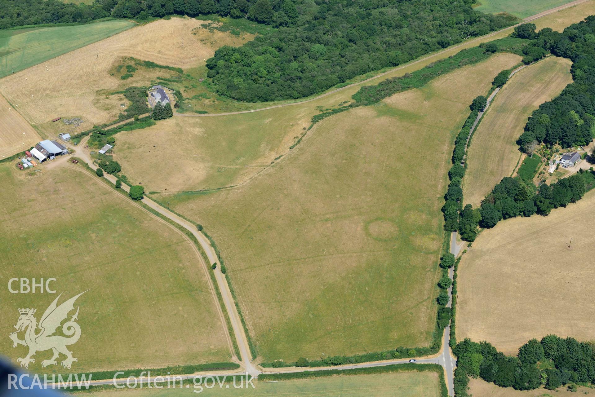 Aerial photograph: Traian, rectangular defended enclosure and field systems, view from southeast. Crown: CHERISH PROJECT 2018. Produced with EU funds through the Ireland Wales Co-operation Programme 2014-2020 (NGR SH329363)