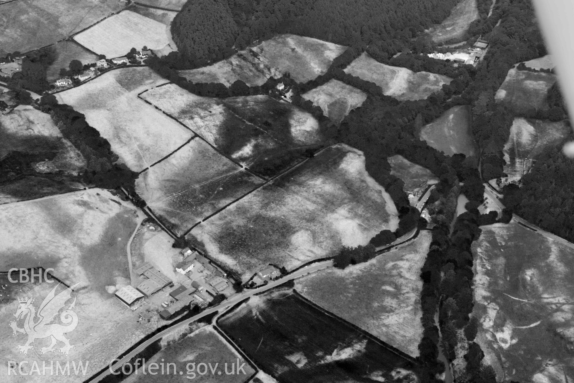 Aerial photograph: Pont Llanafan (west), various cropmarks. Crown: CHERISH PROJECT 2018. Produced with EU funds through the Ireland Wales Co-operation Programme 2014-2020 (NGR SN684714)