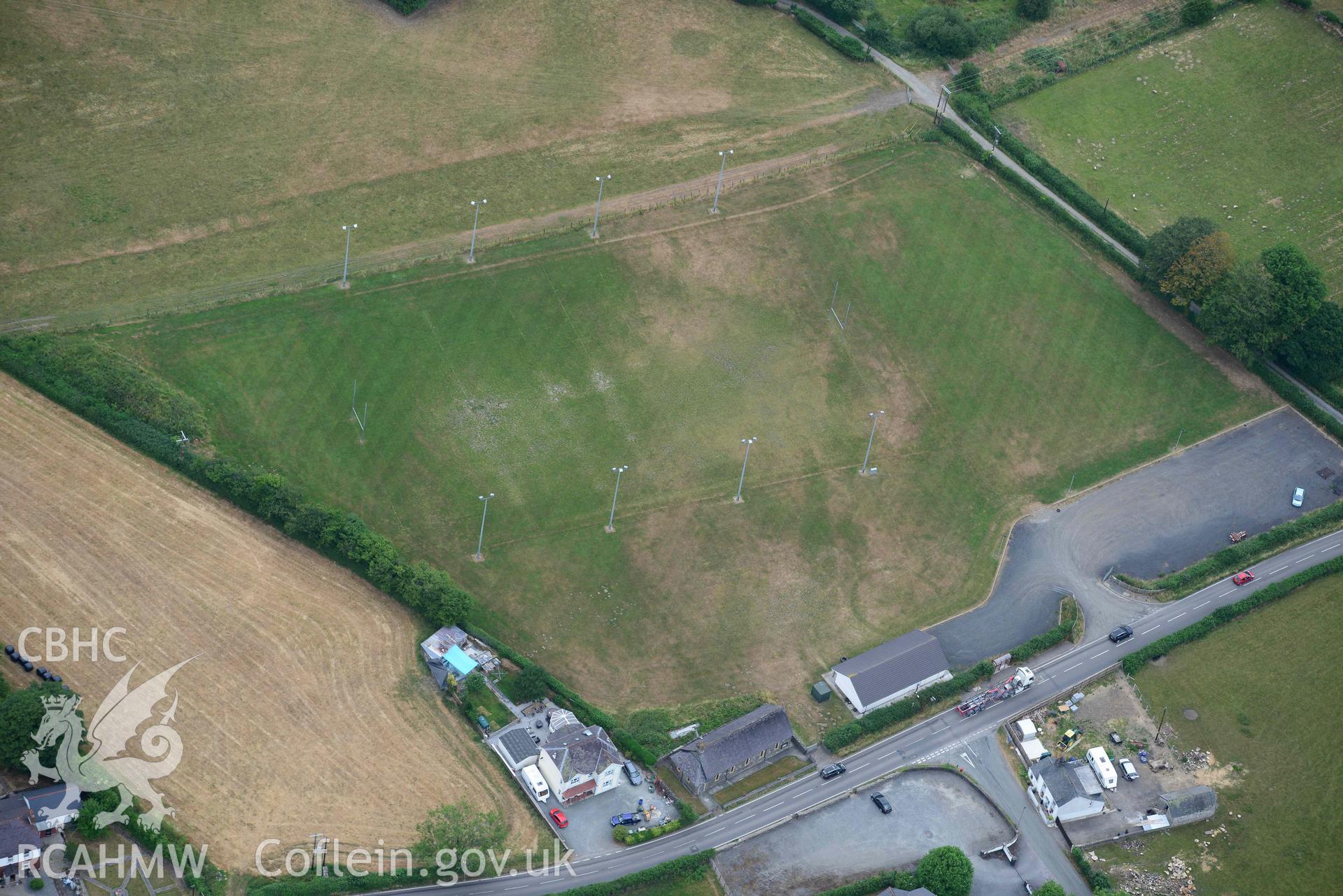 Aerial photograph: Cwmann, Lampeter Rugby Club ring ditch. Crown: CHERISH PROJECT 2018. Produced with EU funds through the Ireland Wales Co-operation Programme 2014-2020 (NGR SN577466)